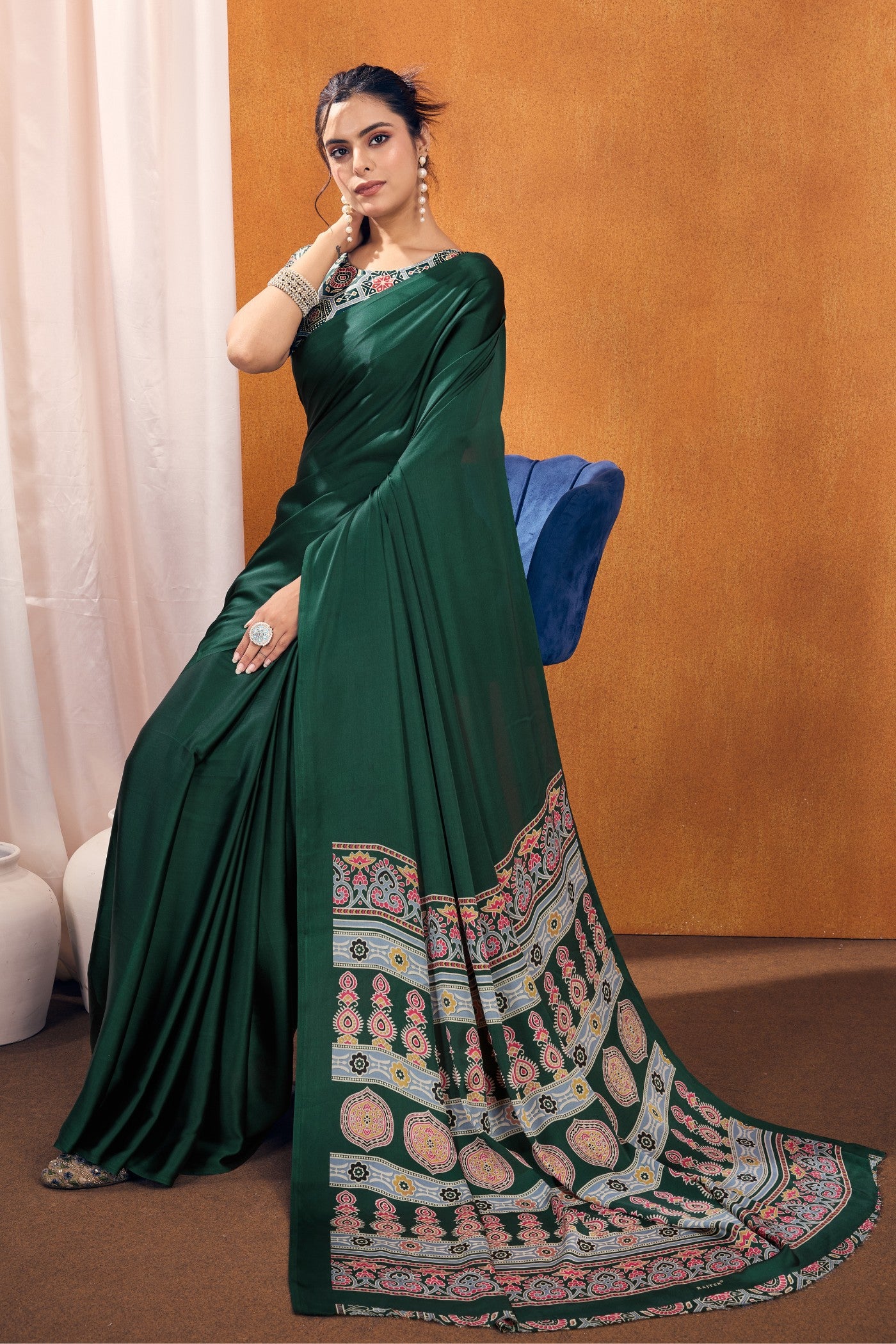 Buy MySilkLove Hellebores Green Ajrakh Printed Satin Crepe Silk Saree Online