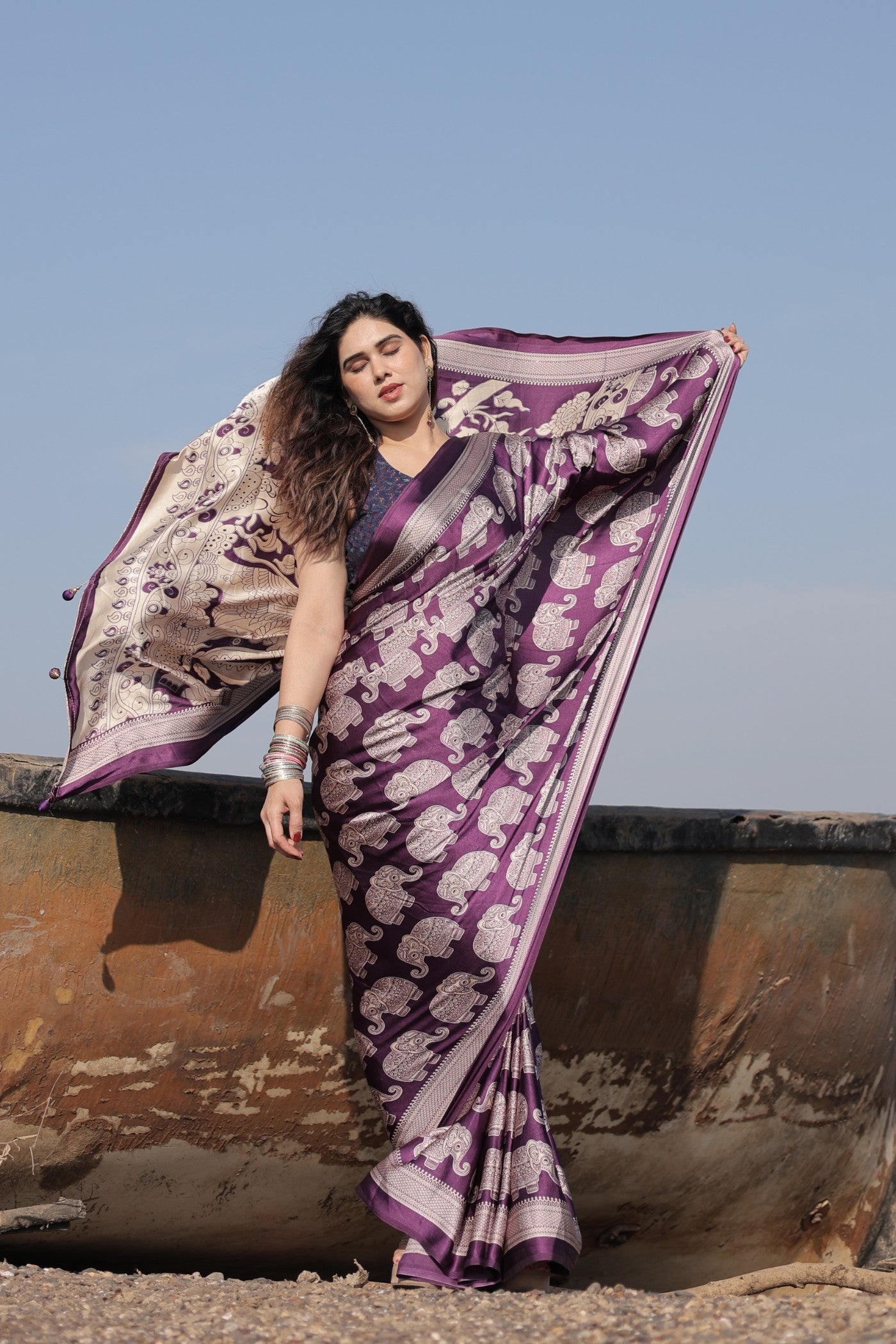 Buy MySilkLove Haze Purple Ajrakh Printed Satin Crepe Silk Saree Online