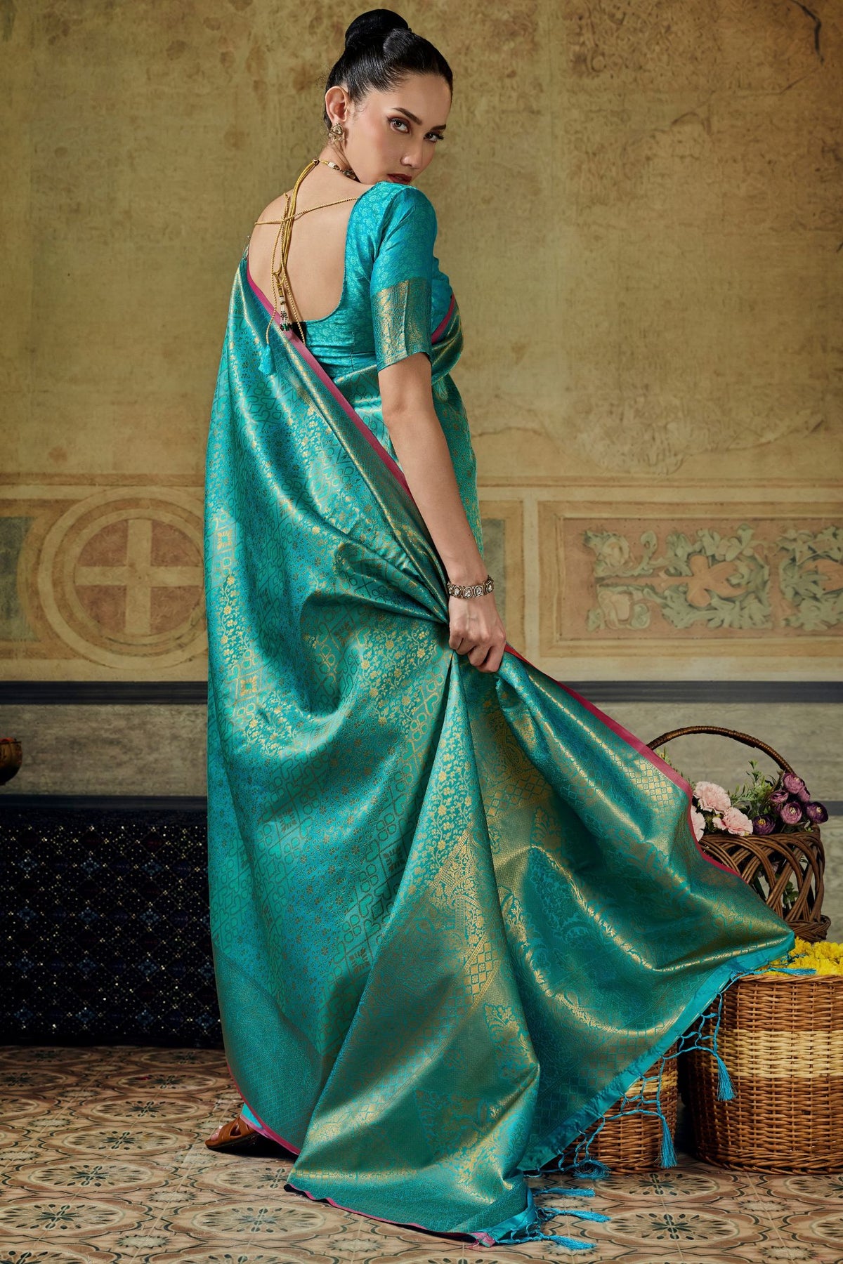 Buy MySilkLove Teal Blue Kanjivaram Handloom Saree Online