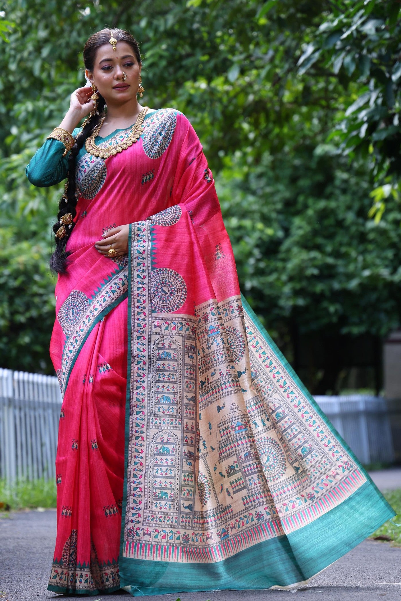 Buy MySilkLove Canary Pink Madhubani Tussar Printed Silk Saree Online