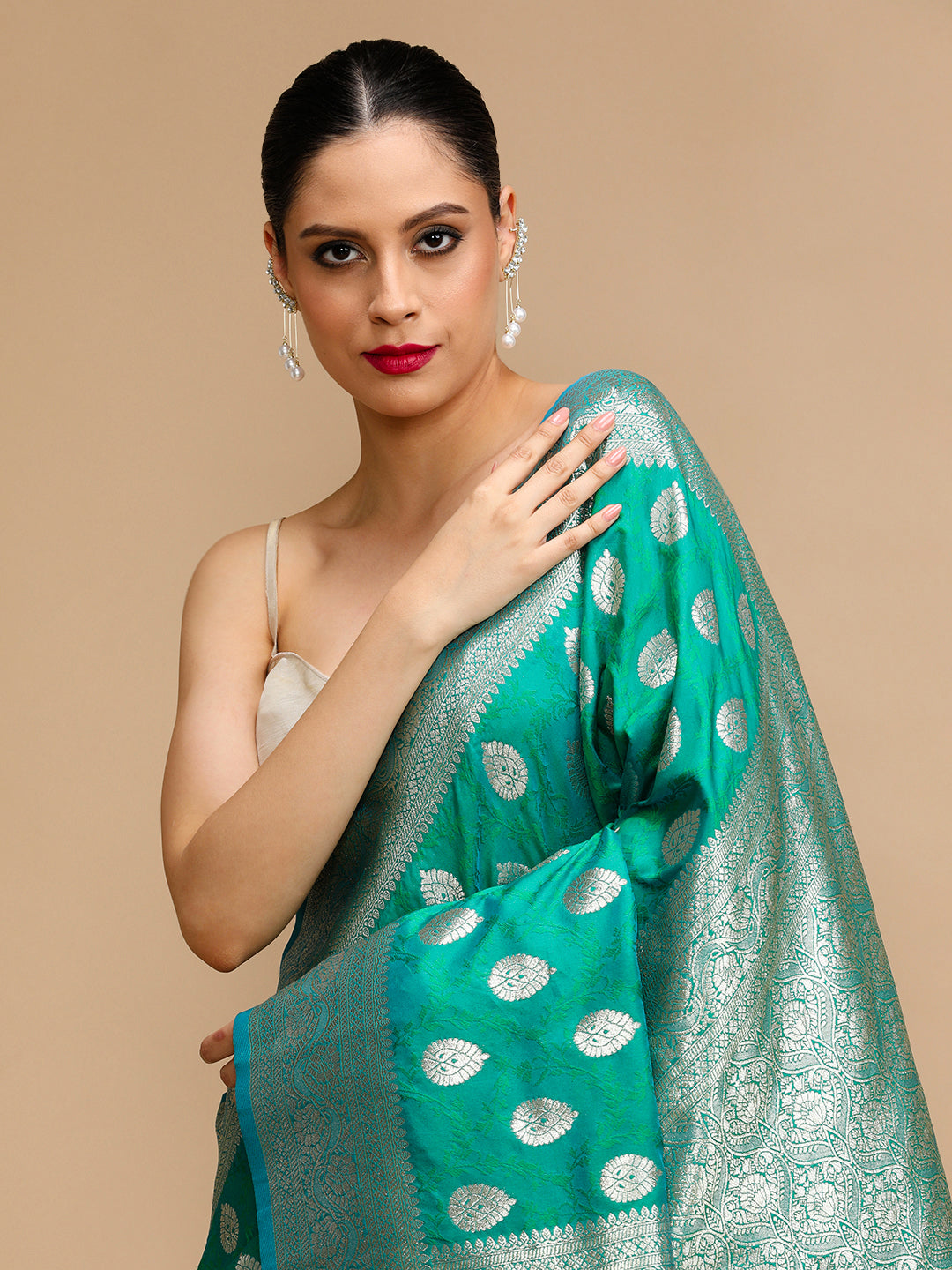 Buy MySilkLove Teal Green Woven Jacquard Lichi Silk Saree Online