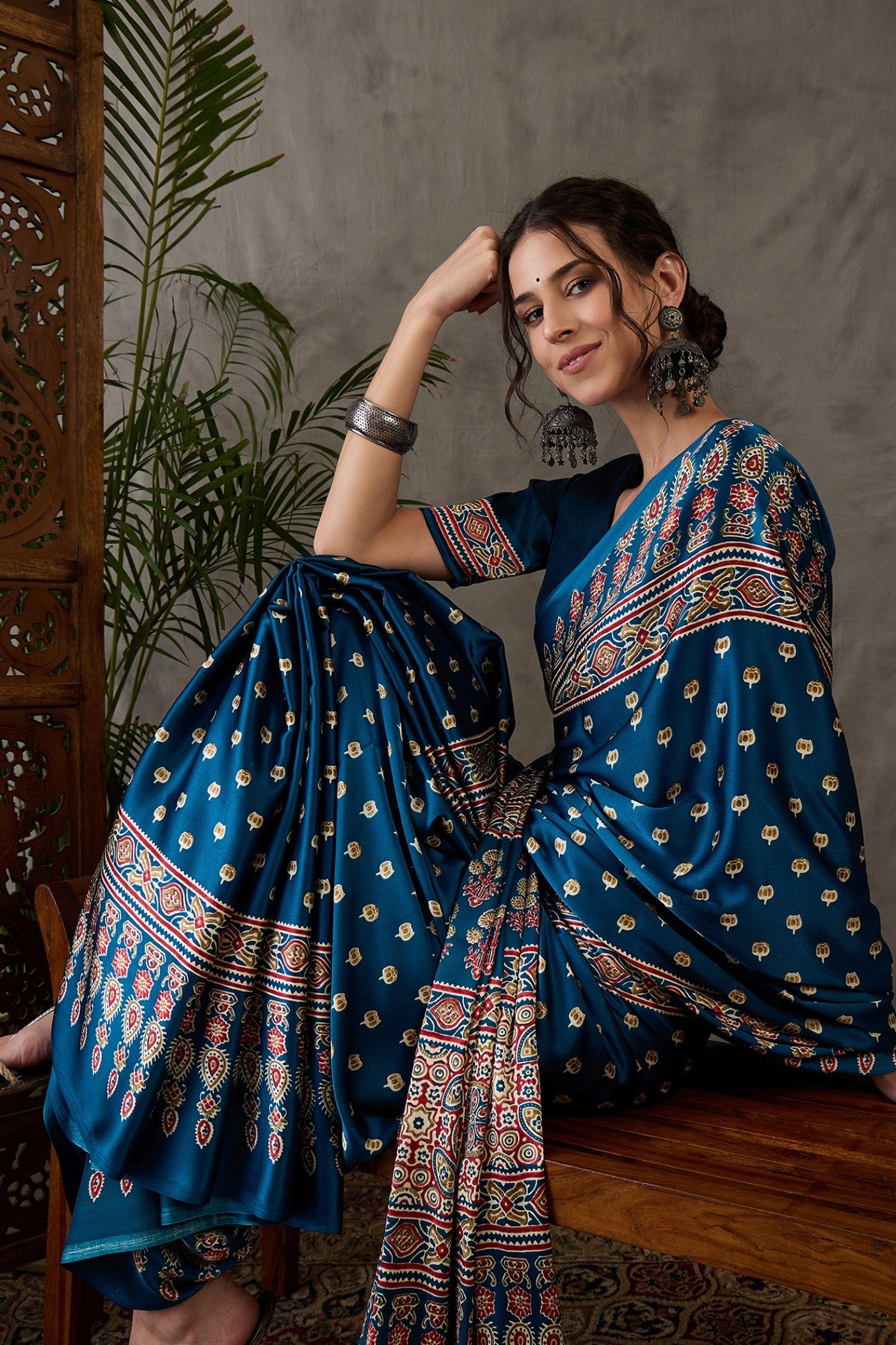Buy MySilkLove James Blue Printed Satin Gaji Silk Saree Online