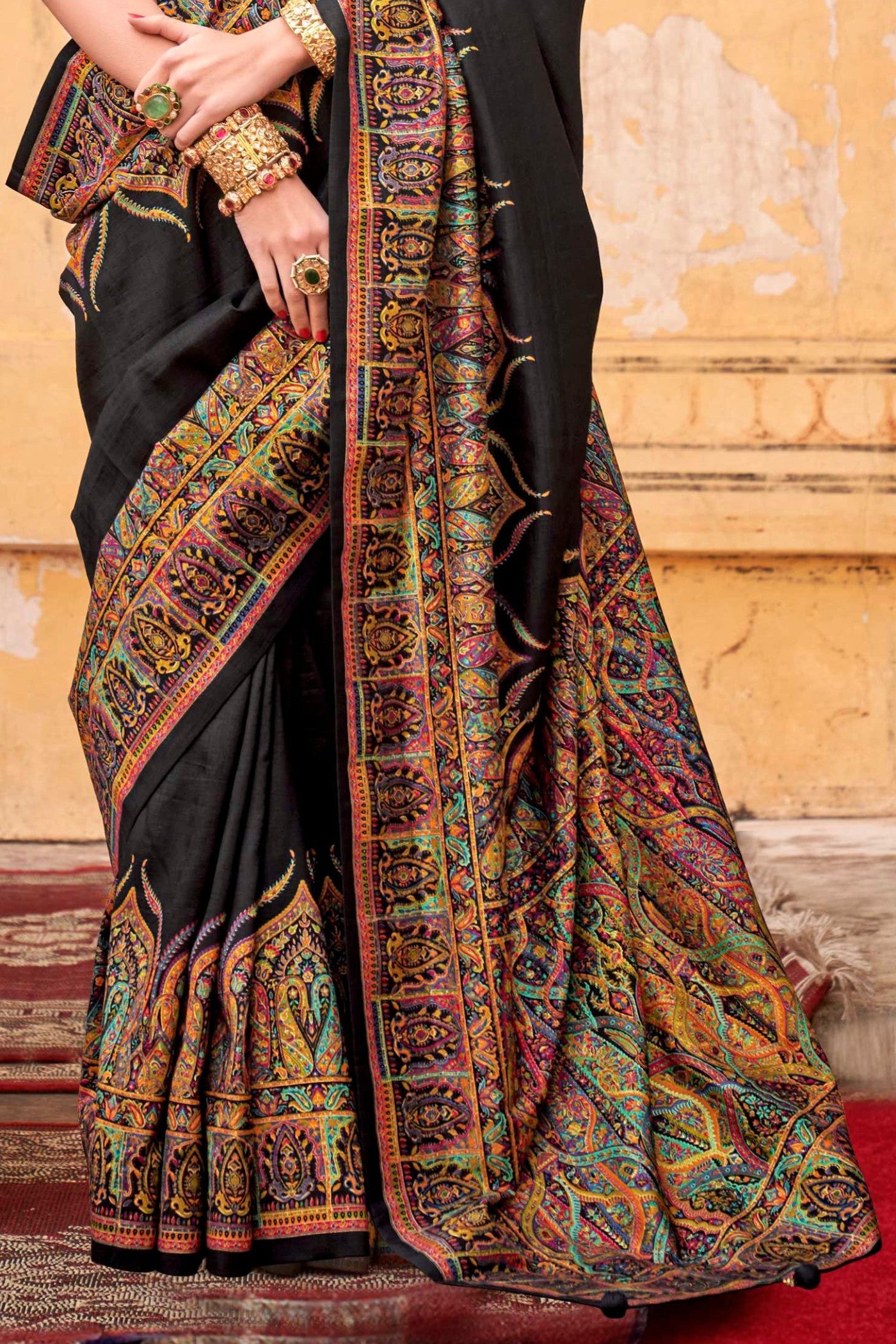 Buy MySilkLove Coral Black Printed Jamawar Saree Online