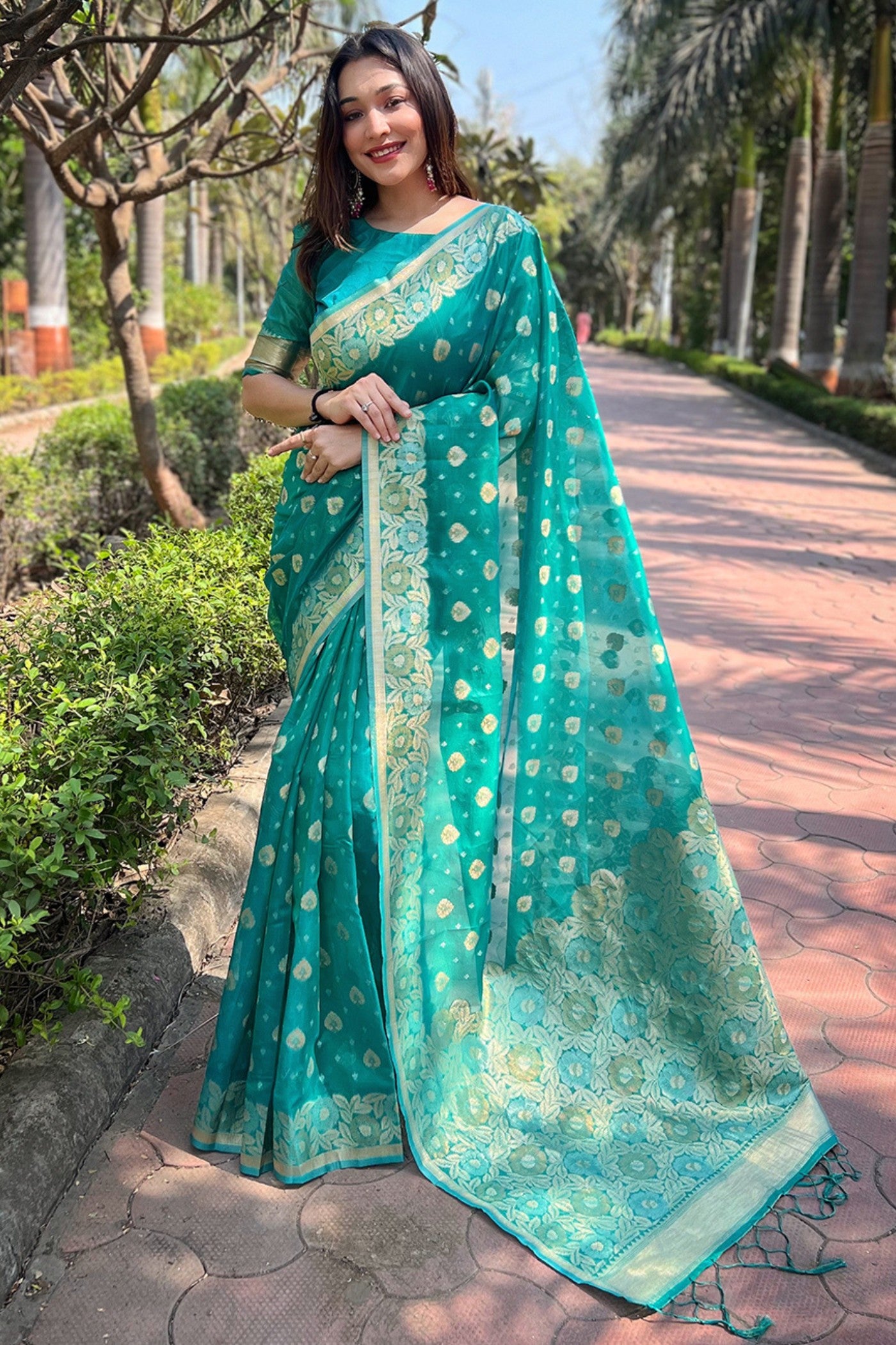 Buy Summer Green Zari Woven Organza Saree Online MySilkLove
