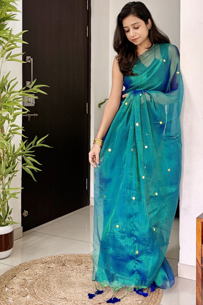 Buy MySilkLove Egyptian Blue Tissue Woven Saree Online