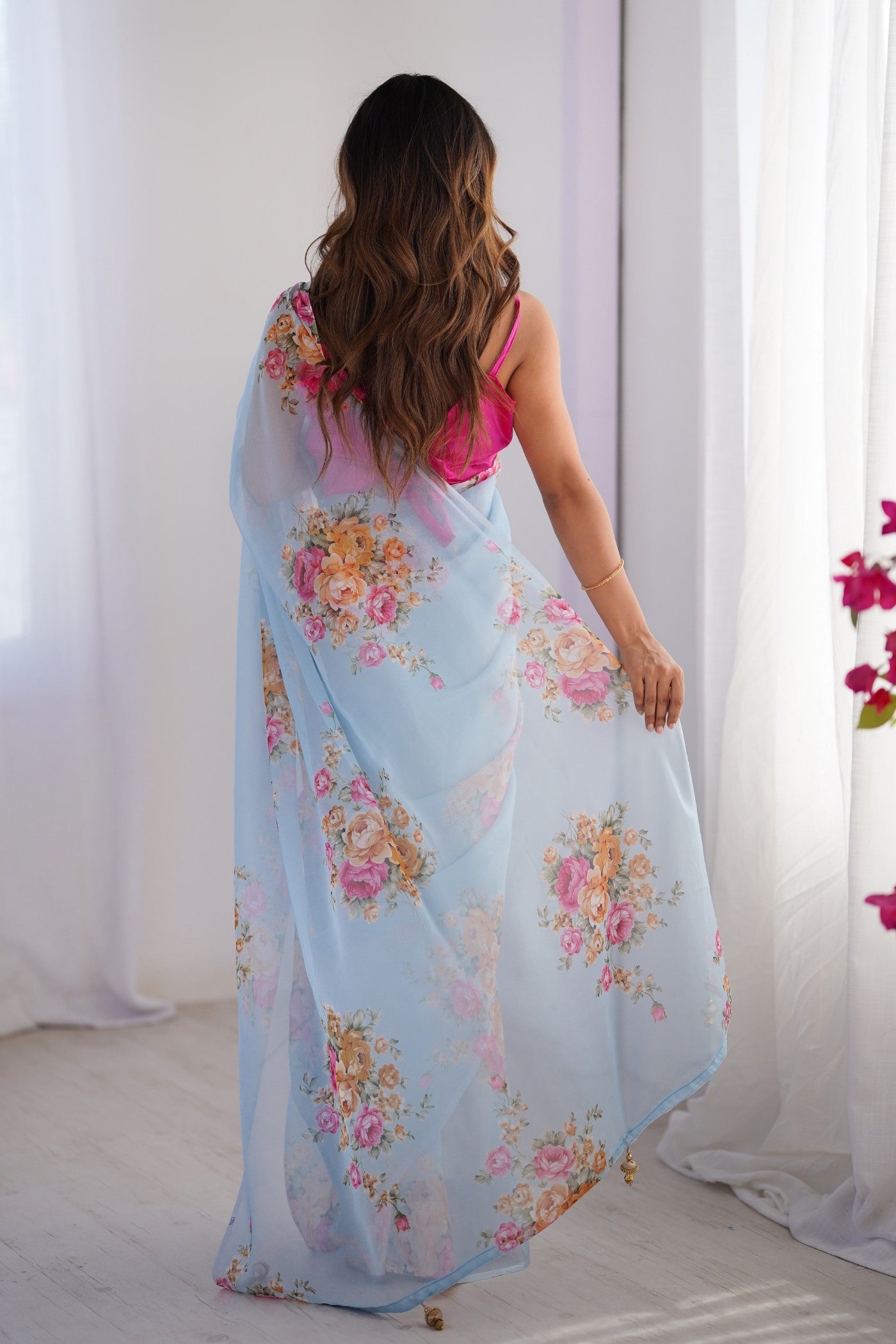 Buy MySilkLove Water Blue Organza Printed Saree Online