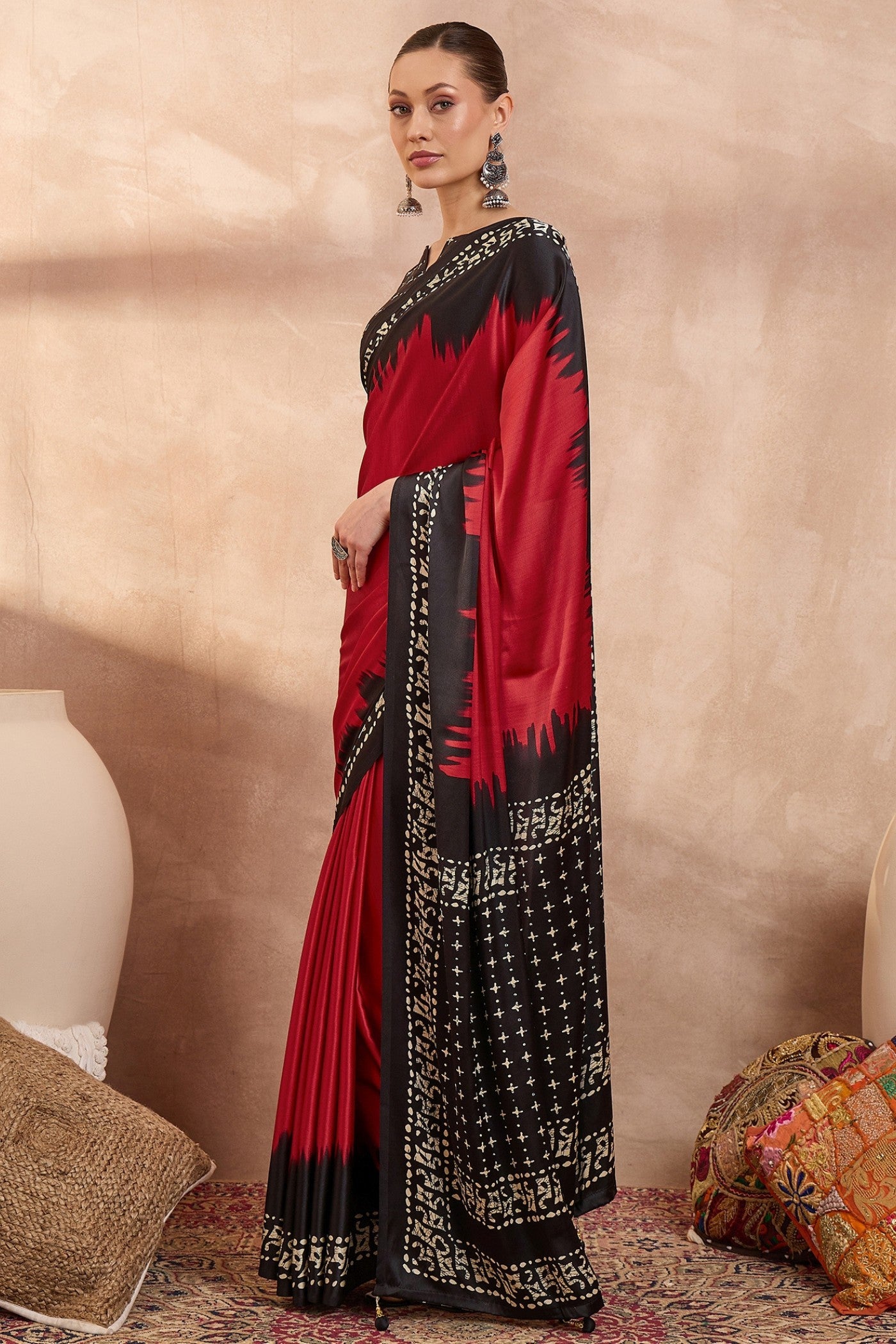 Buy MySilkLove Chili Red Printed Satin Crepe Silk Saree Online