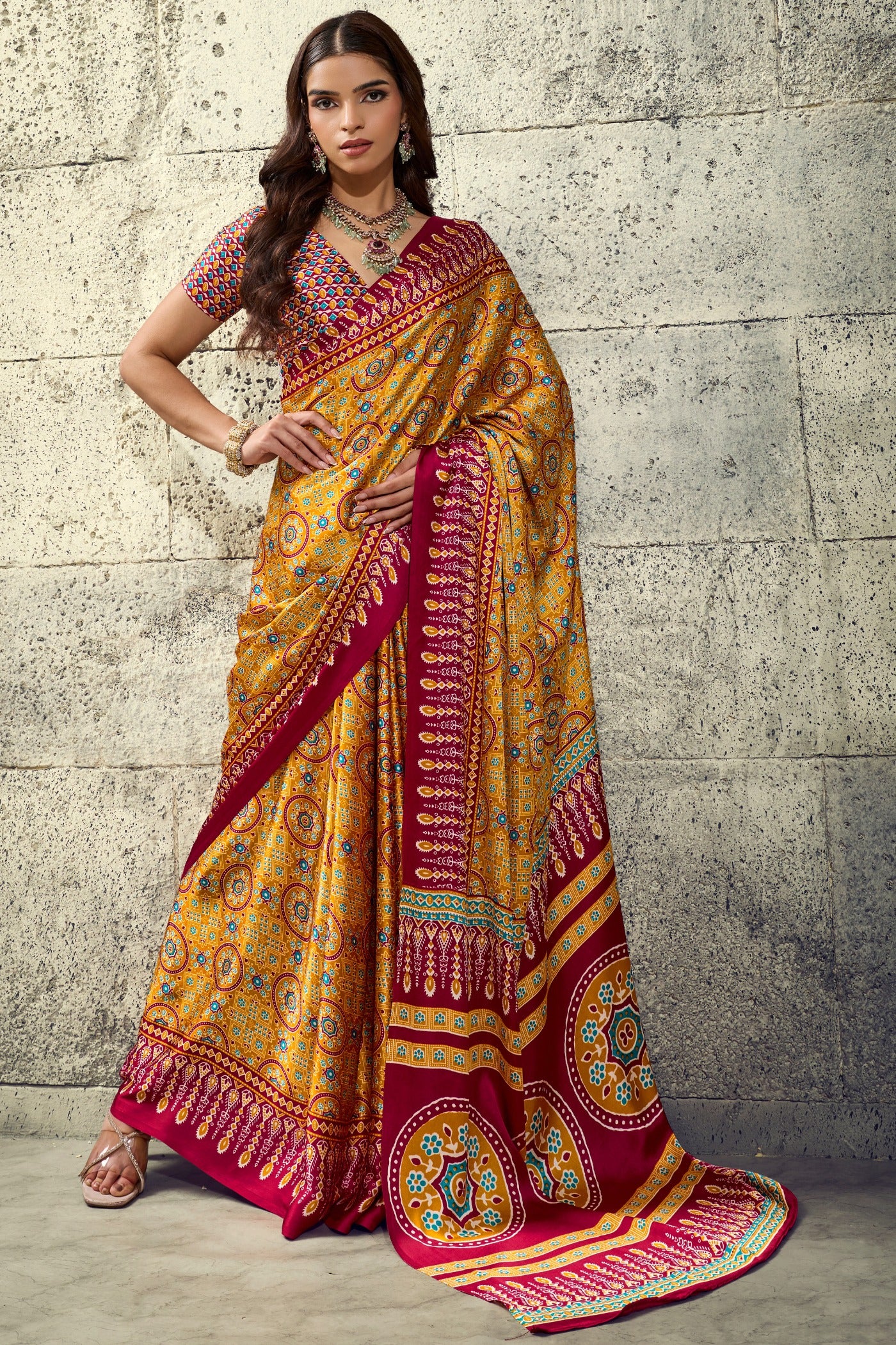 Buy MySilkLove Canary Yellow Modal Ajrakh Satin Printed Silk Saree Online