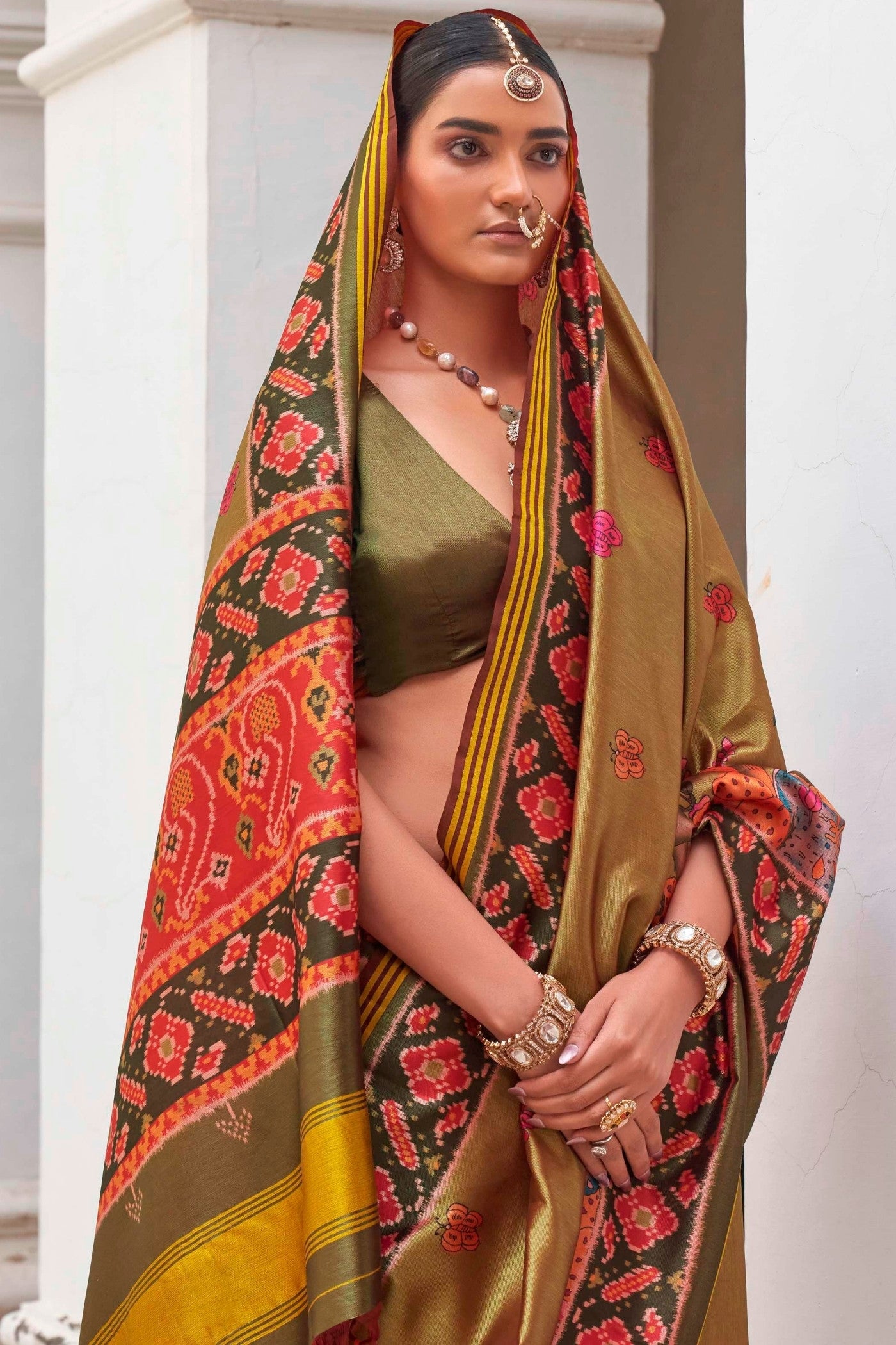 MySilkLove Olive Green Printed Patola Saree
