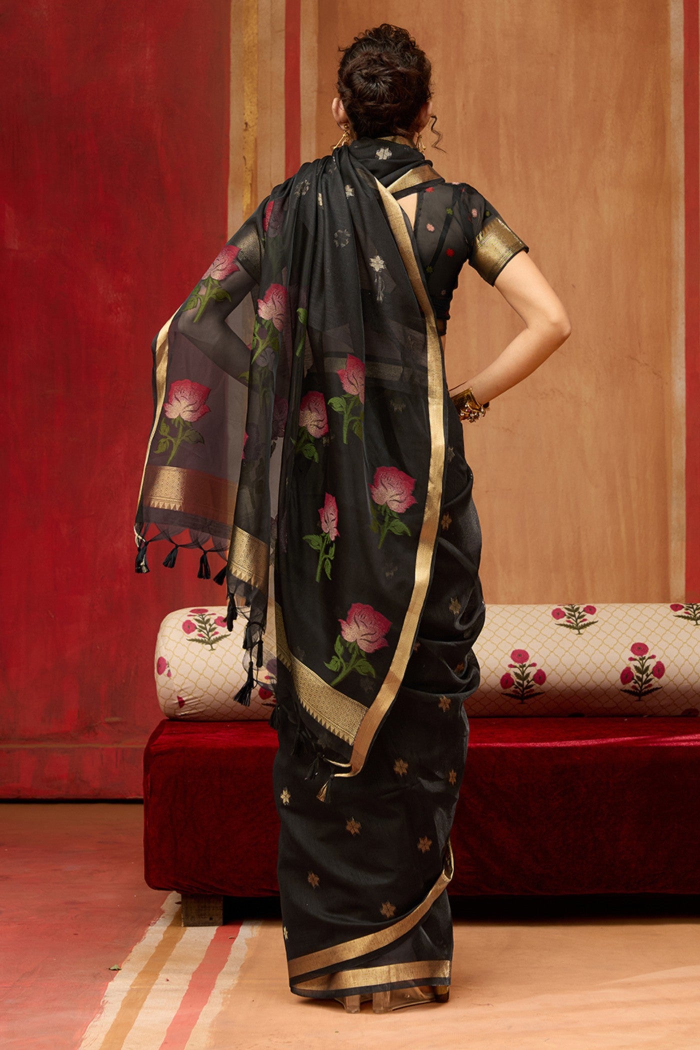 Buy MySilkLove Ace Black Handloom Muga Cotton Saree Online