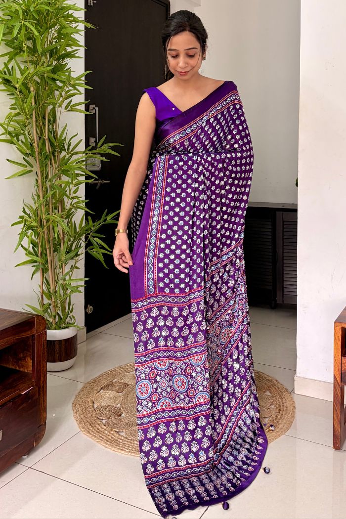Buy MySilkLove Regalia Purple Modal Ajrakh Satin Printed Mirror Work Saree Online