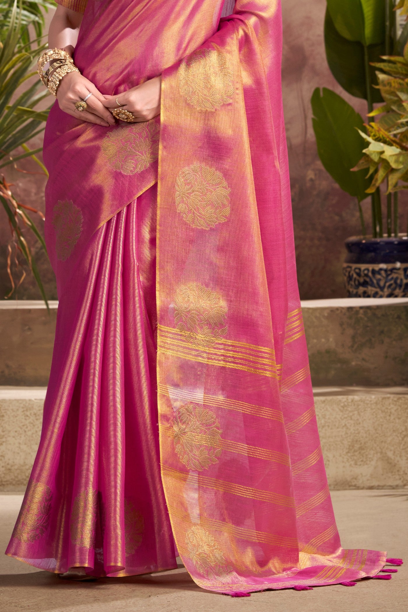 Buy MySilkLove Brick Pink Woven Tissue Saree Online