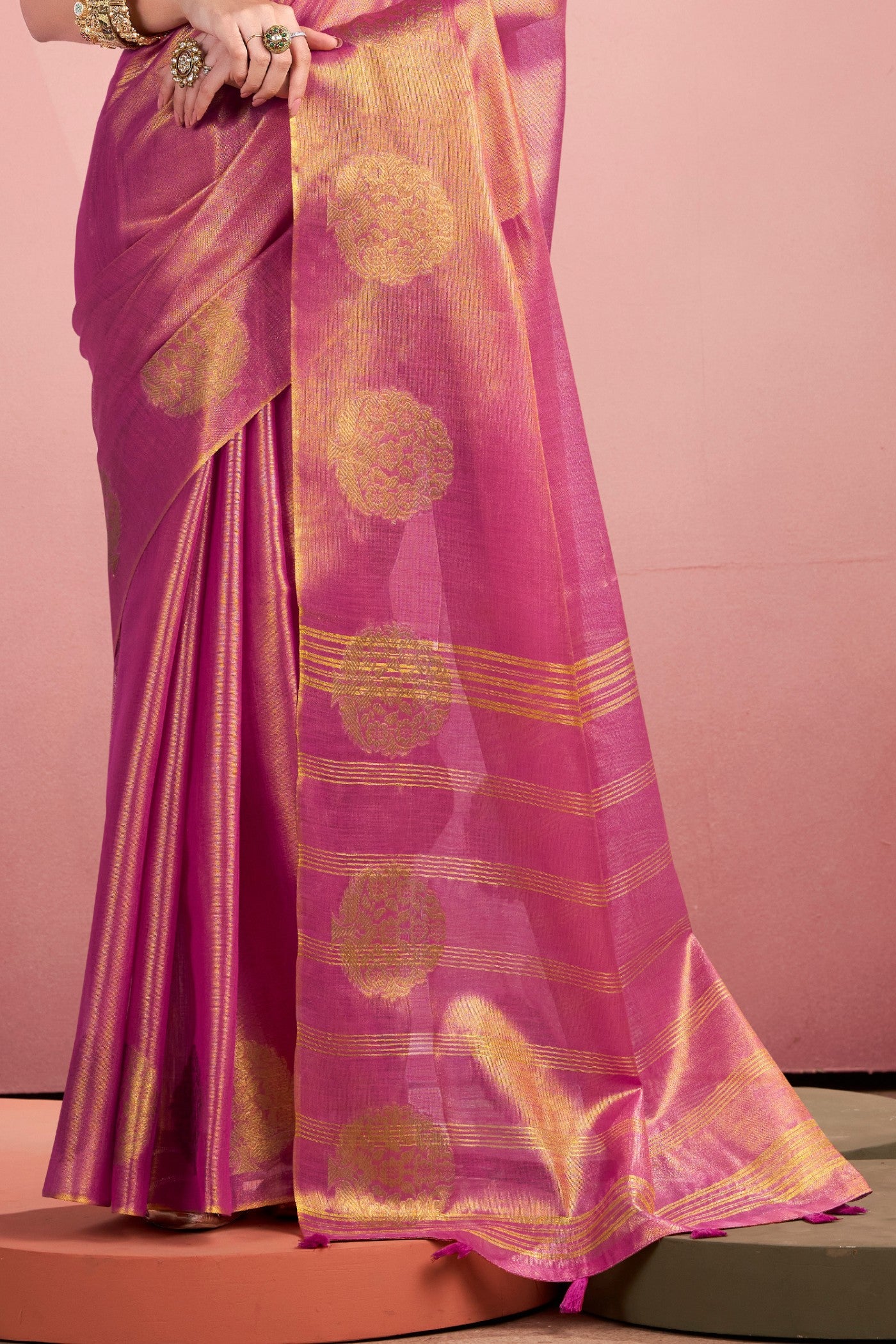 Buy MySilkLove Bubble Pink Zari Woven Tissue Saree Online