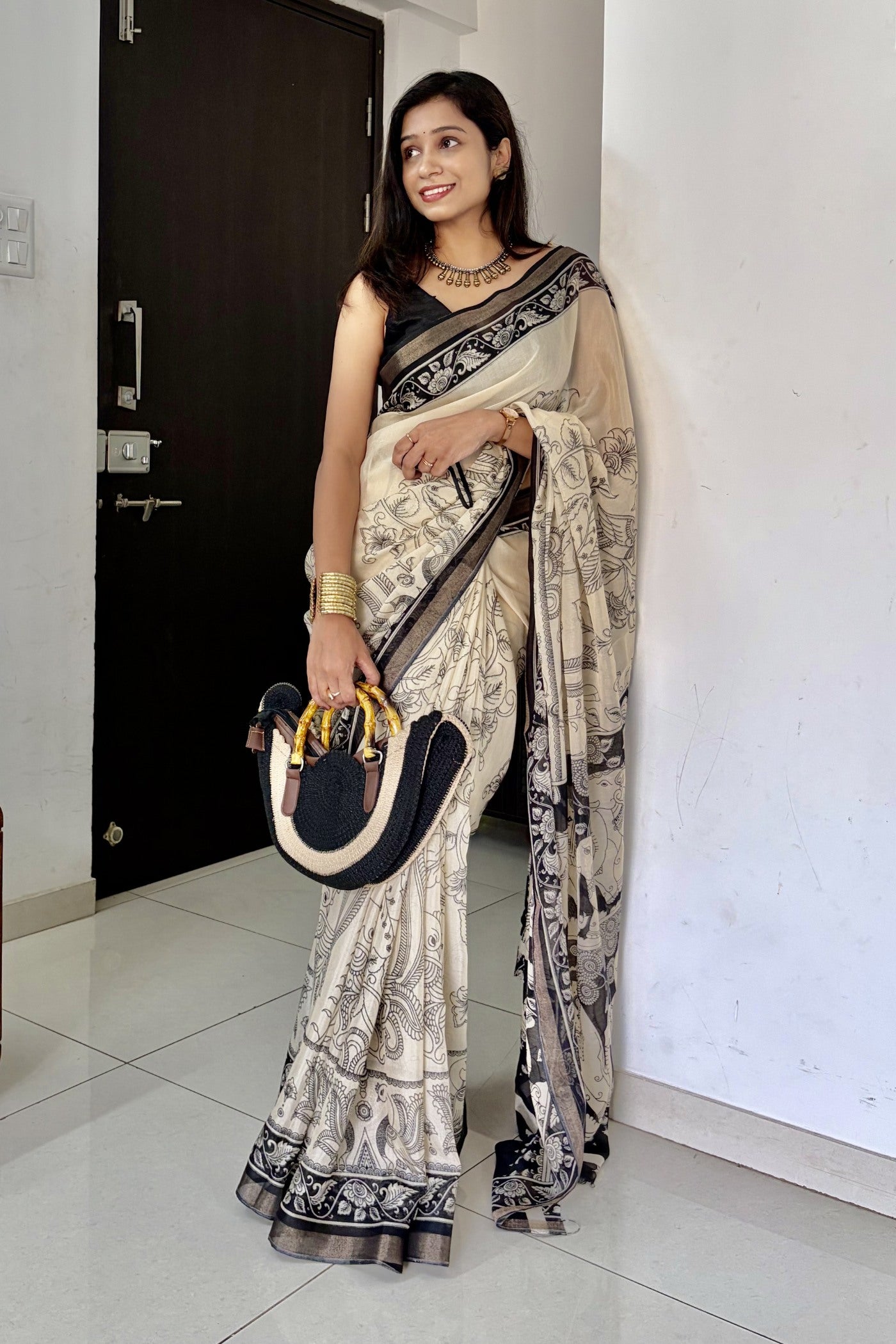 Buy MySilkLove Onyx Black and Cream Mul Cotton Kalamkari Saree Online