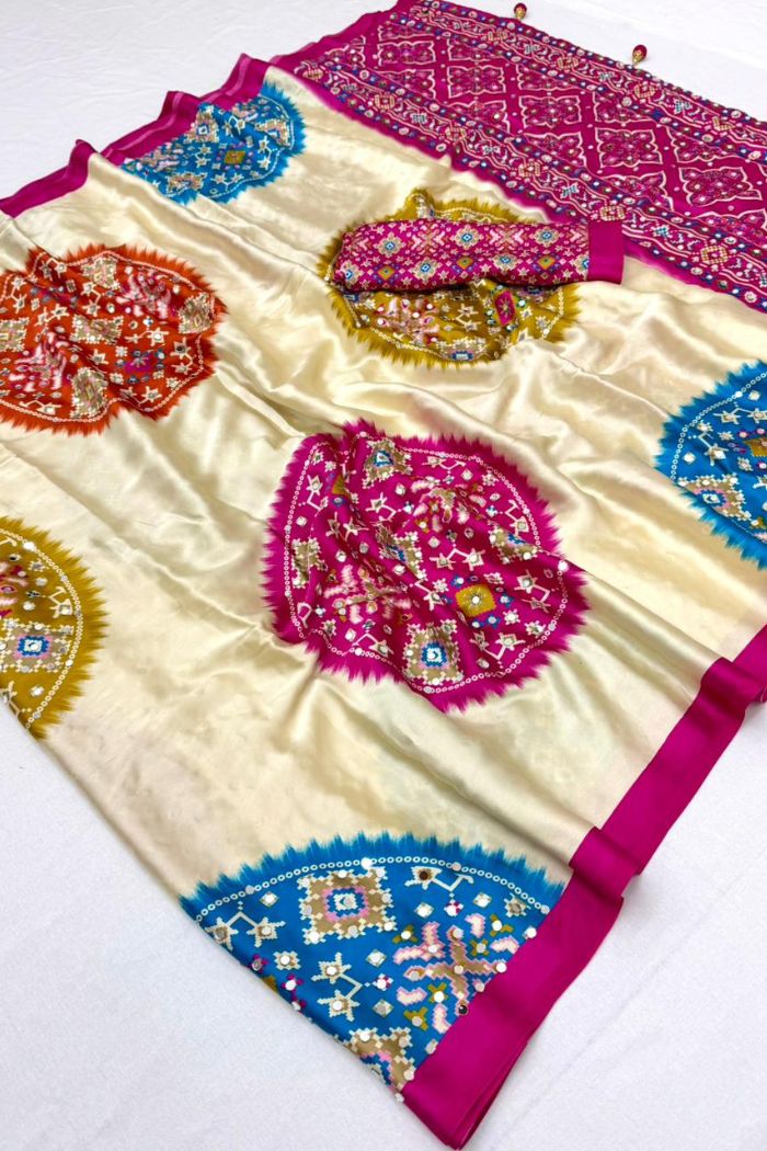 Buy MySilkLove Biscuit Cream and Red Modal Ajrakh Satin Printed Mirror Work Saree Online
