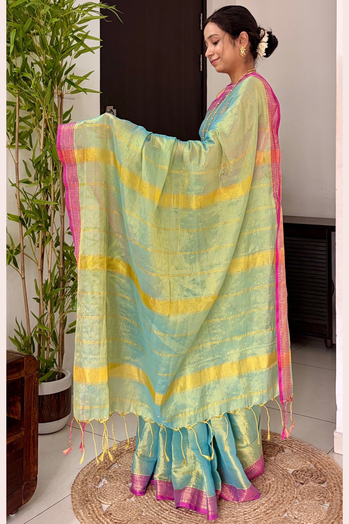 Buy MySilkLove Moss Green Tissue Woven Silk Saree Online