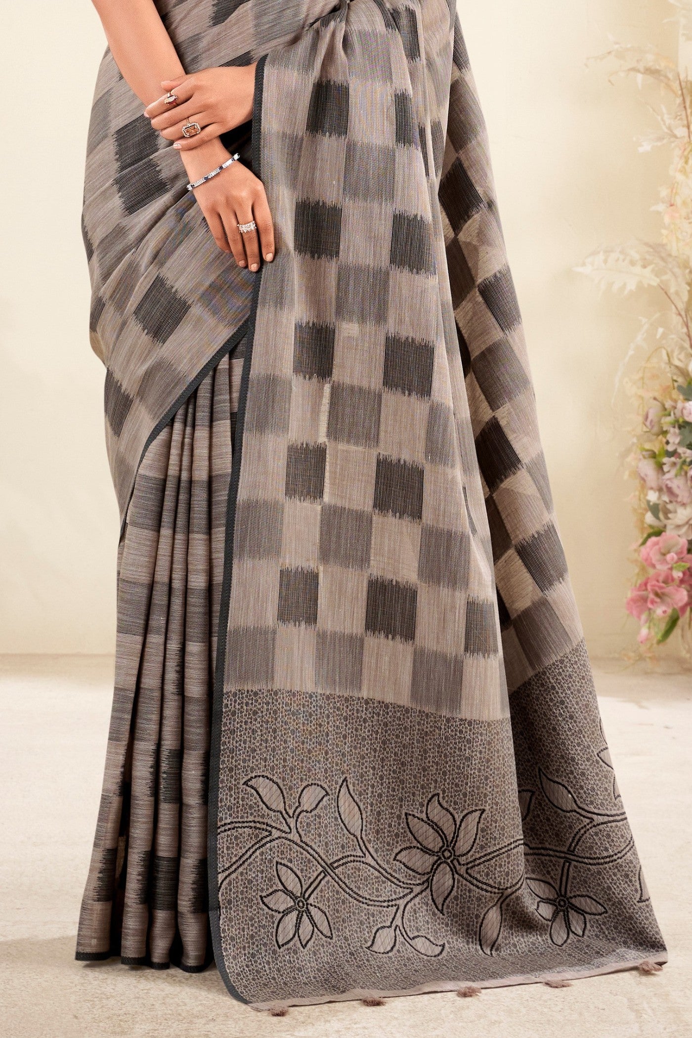 Buy MySilkLove Burn Wood Grey Woven Linen Saree Online