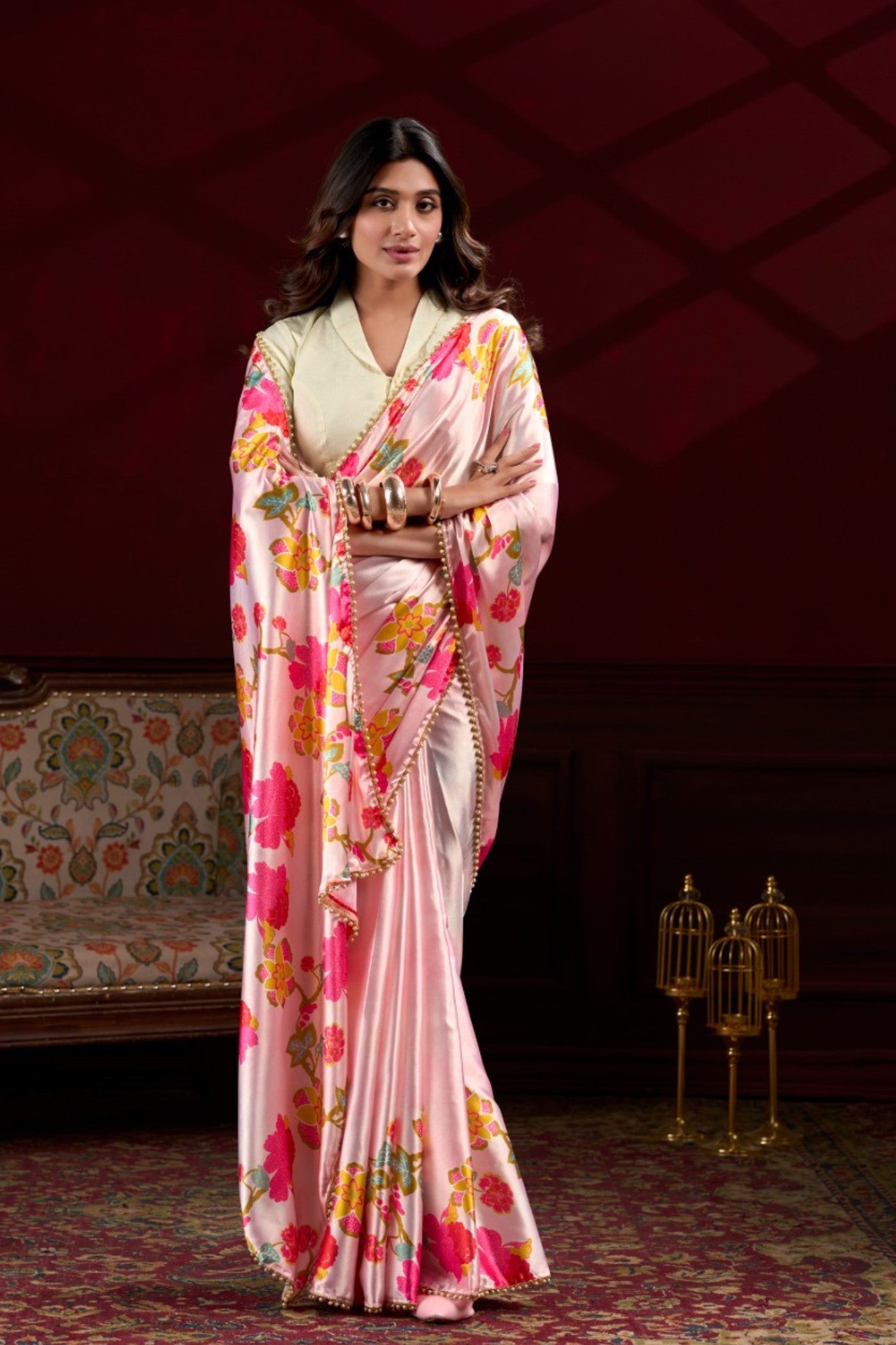 Buy MySilkLove Malibu Peach Floral Printed Satin Silk Saree Online
