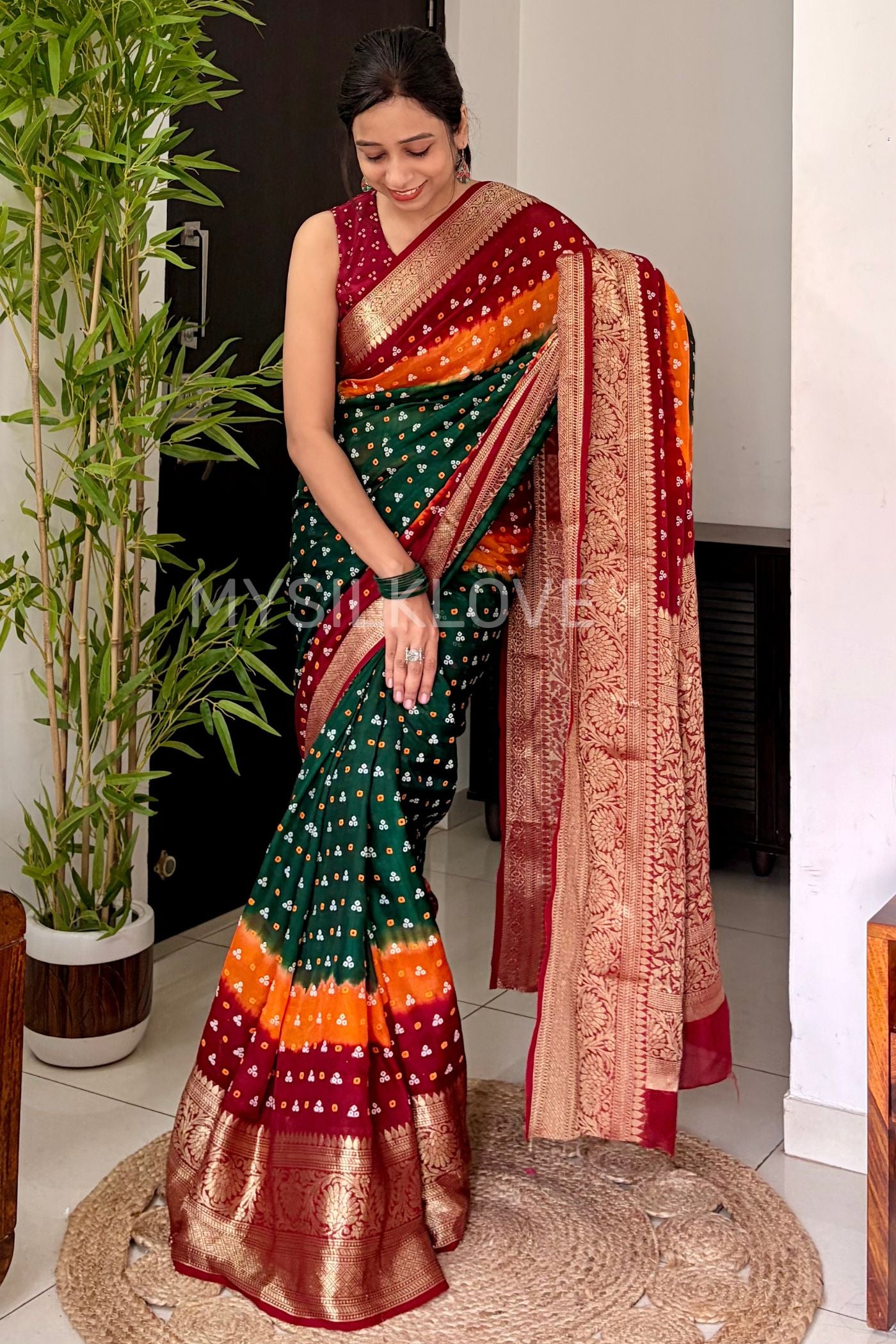 Buy MySilkLove Hunter Green and Orange Bandhani Zari Woven Silk Saree Online