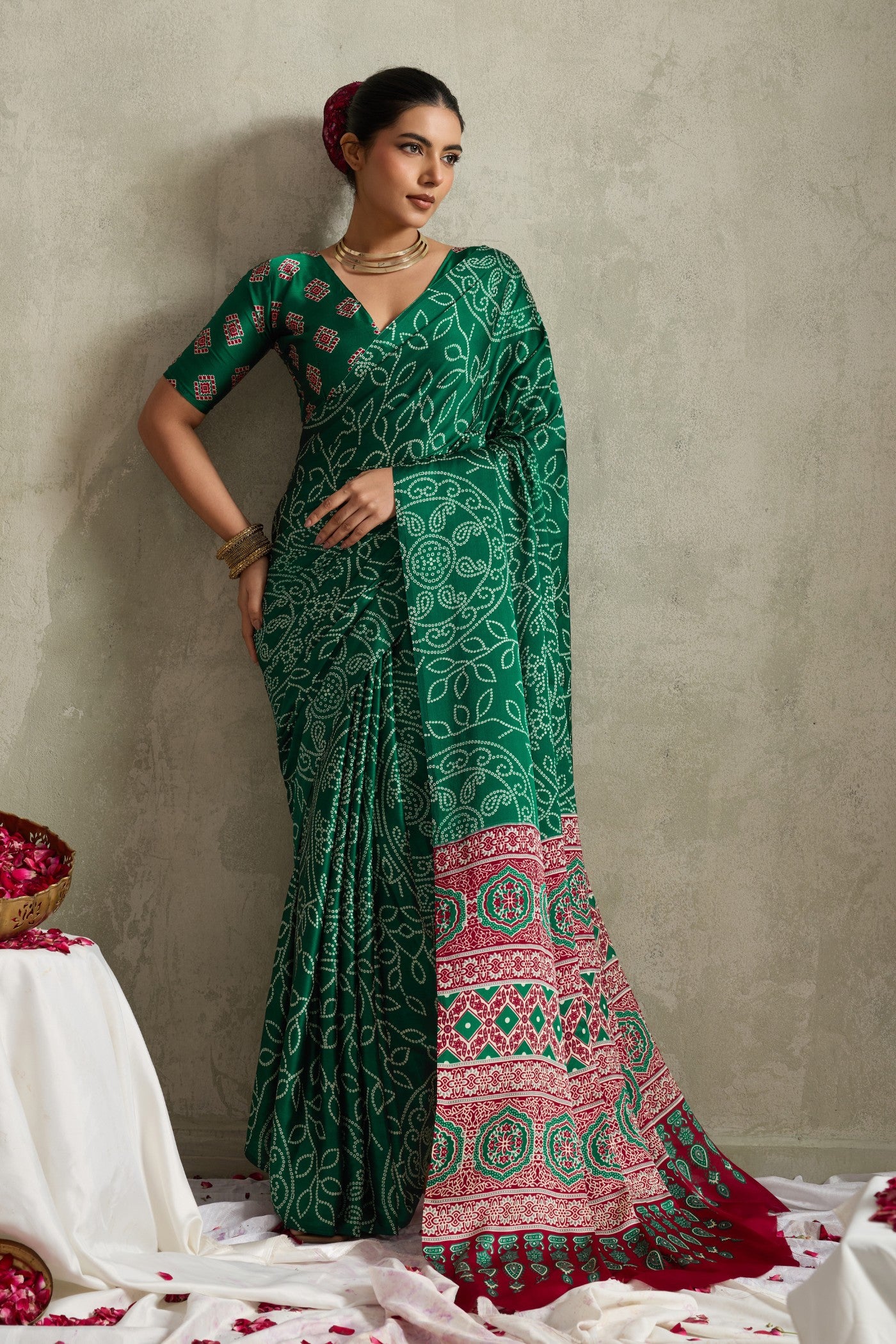 Buy MySilkLove Dark Leaf Green Bandhani Printed Silk Saree Online