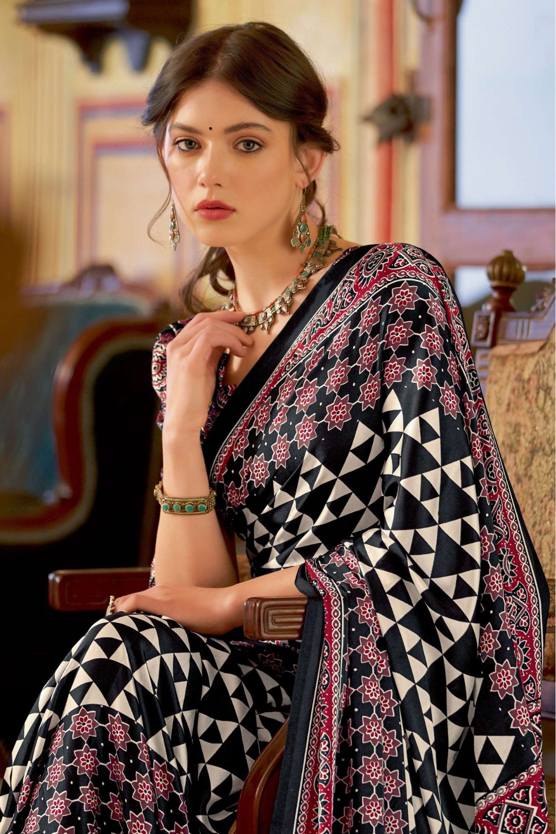 Buy MySilkLove Tundora Black Ajrakh Printed Satin Crepe Saree Online