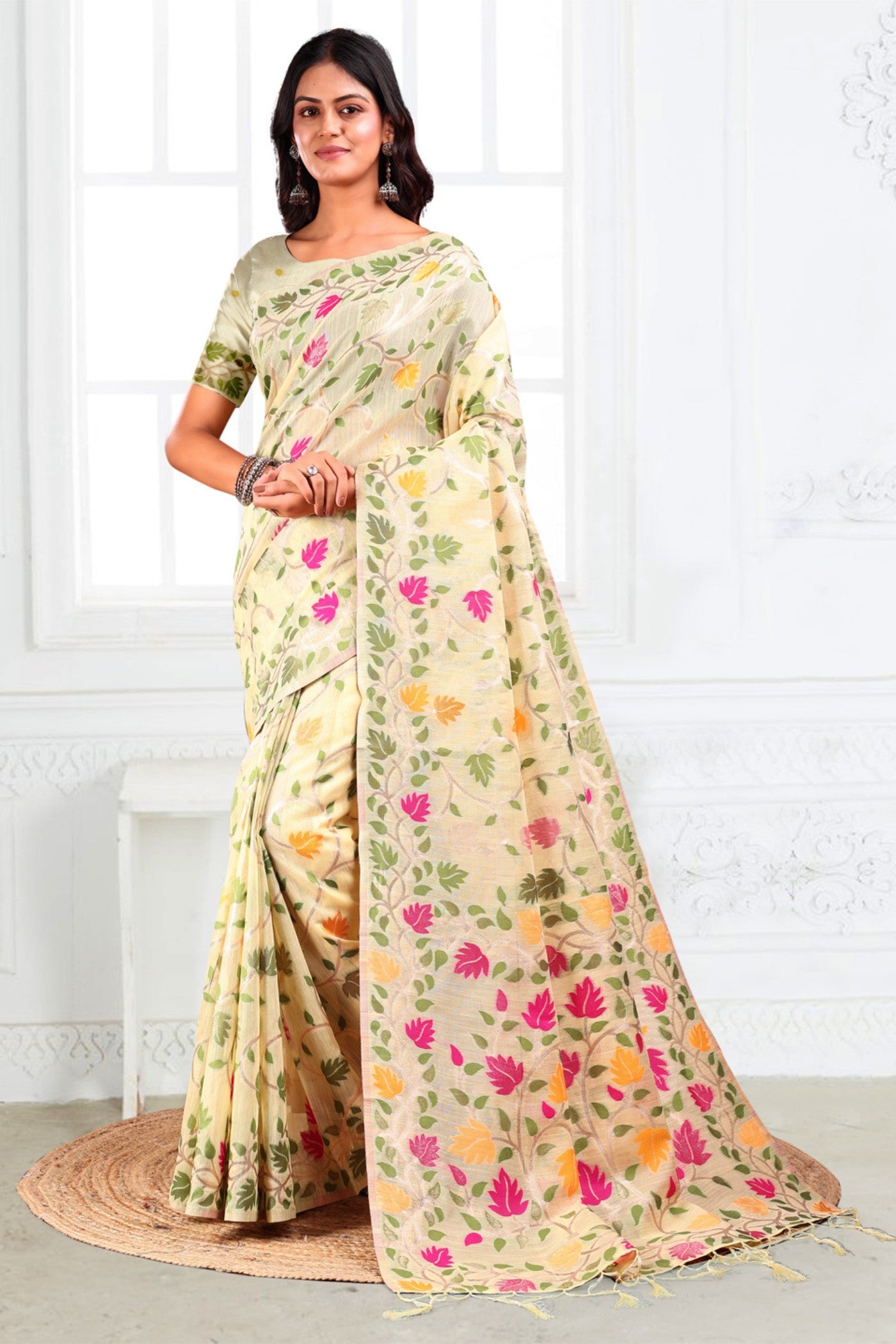 Buy MySilkLove Off White Woven Linen Cotton Saree Online