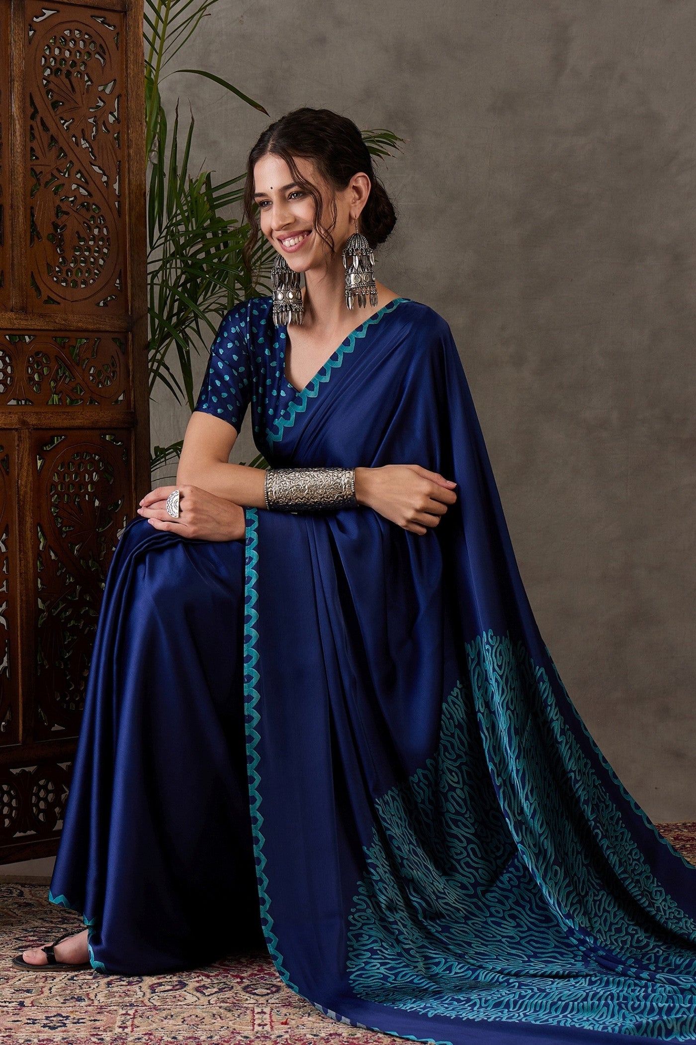 Buy MySilkLove Venice Blue Printed Satin Gaji Silk Saree Online
