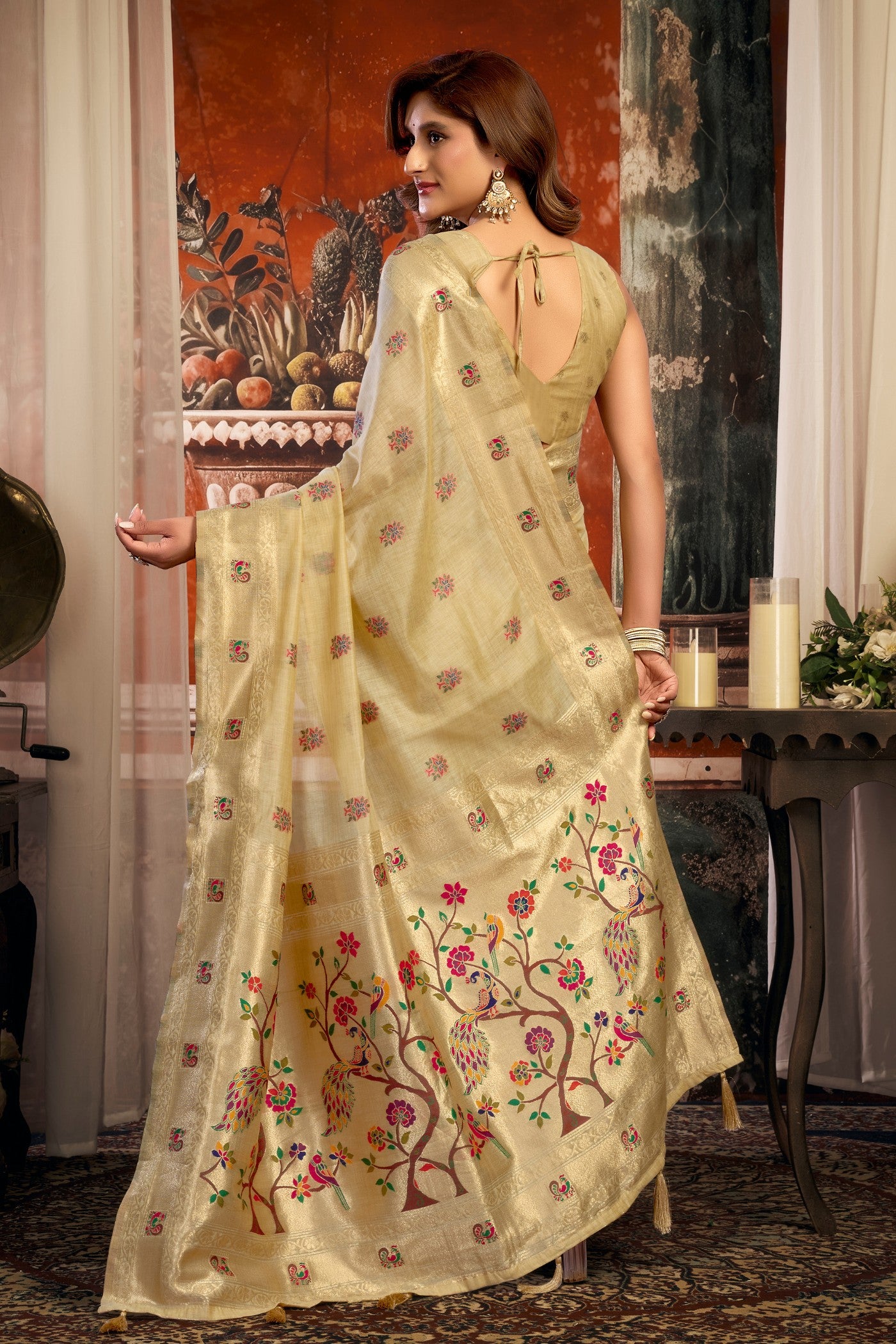 Buy MySilkLove Bone Cream Zari Woven Paithani Saree Online
