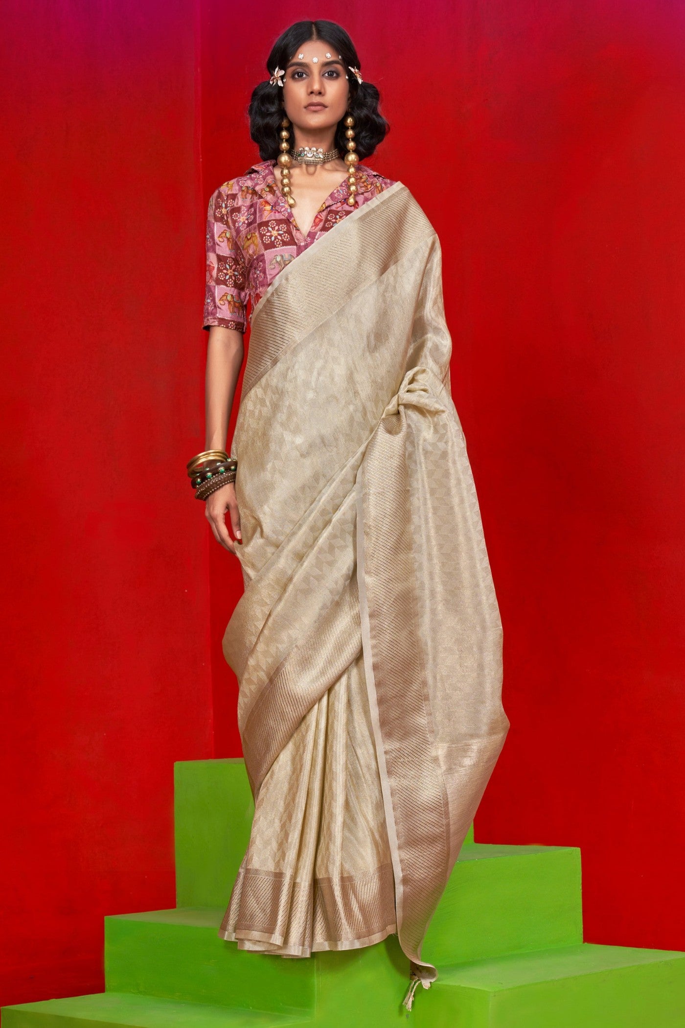 Buy MySilkLove Pancho Cream Woven Tissue Silk Saree Online