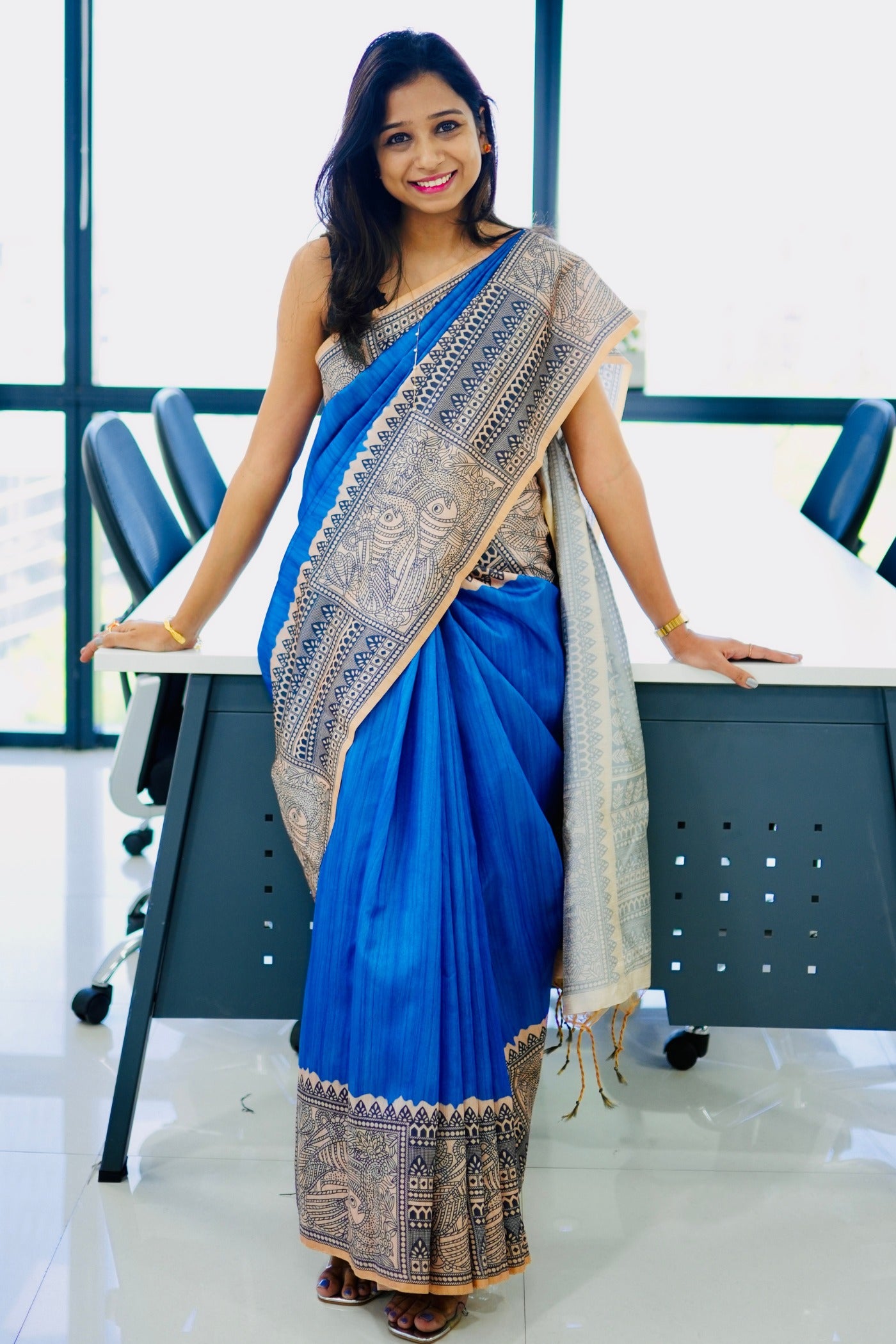 Buy MySilkLove Cobalt Blue Madhubani Printed Silk Saree Online