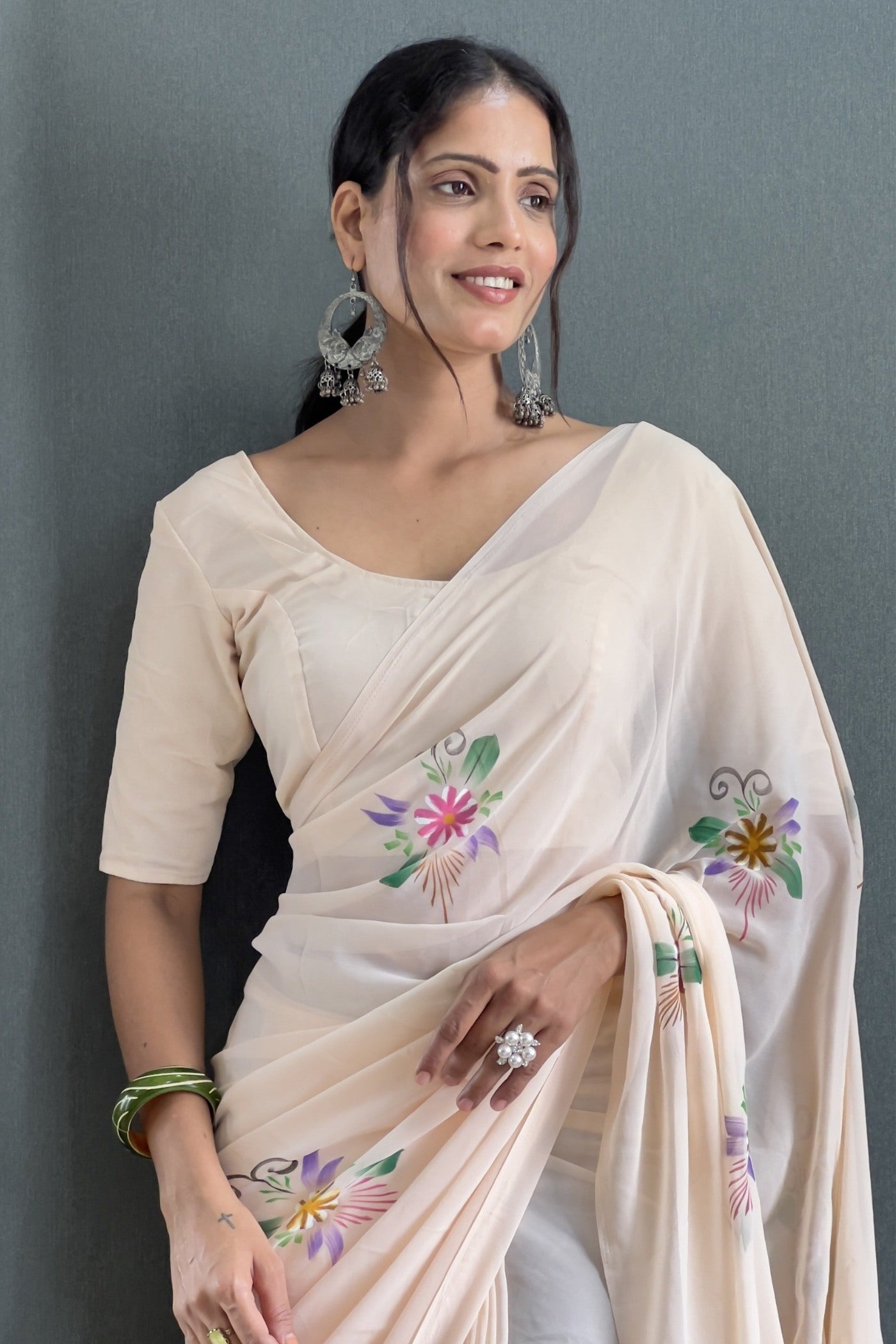 Buy MySilkLove White Rose Hand Painted Georgette Saree Online