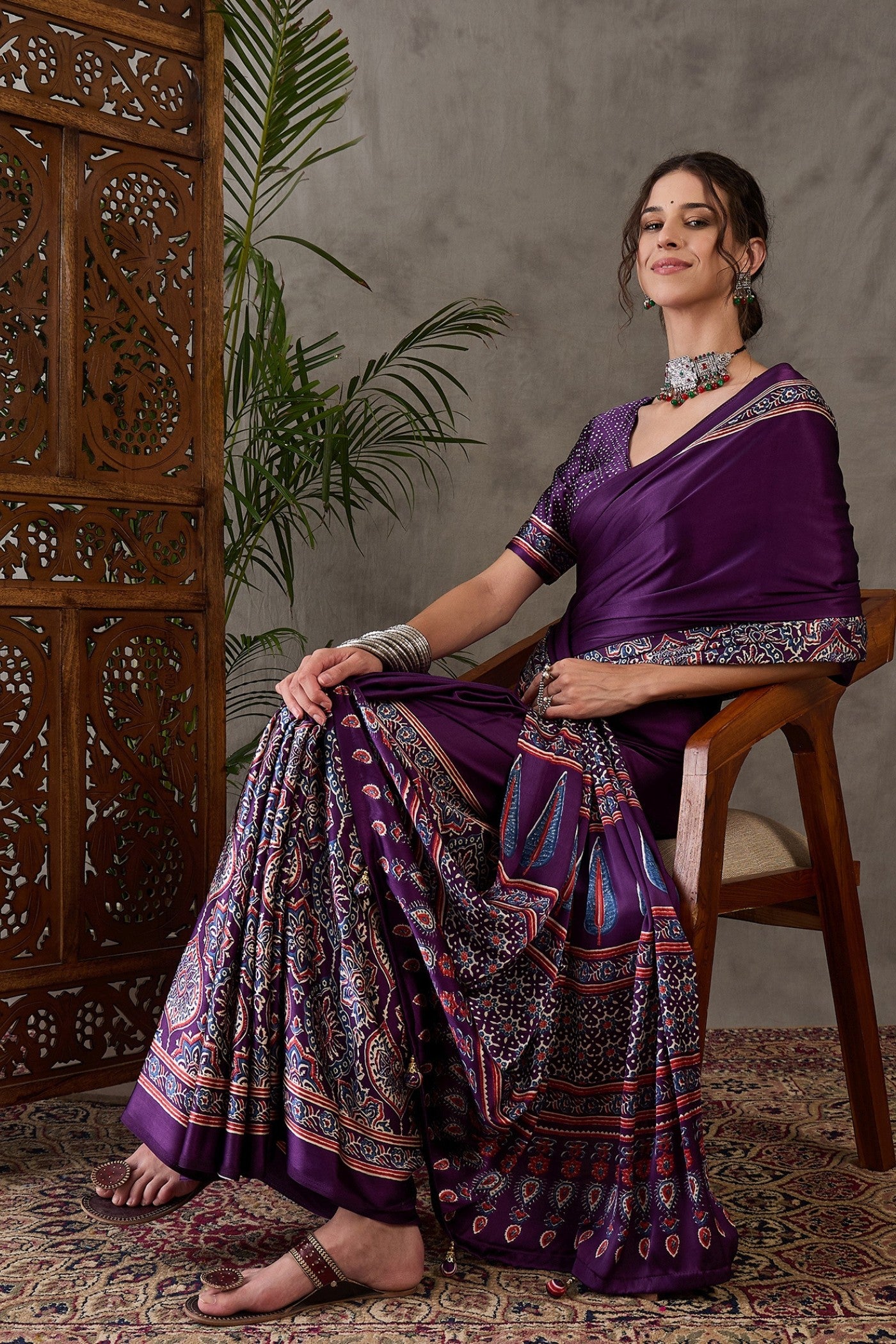 Buy MySilkLove Brinjal Purple Printed Satin Gaji Silk Saree Online
