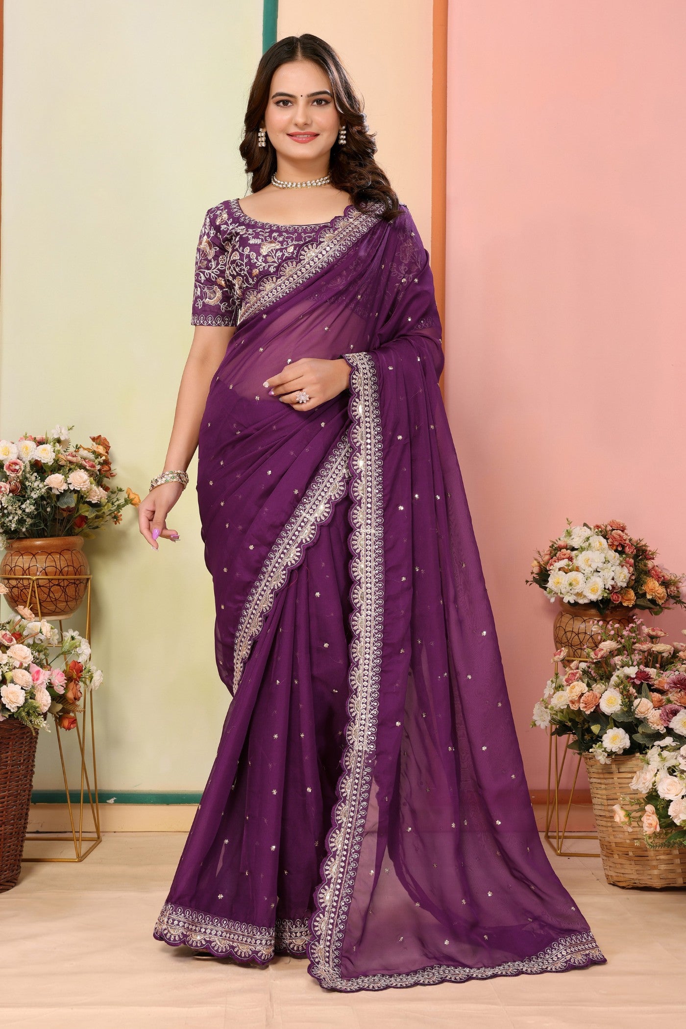 Buy MySilkLove Tyrian Purple Organza Designer Partywear Saree Online