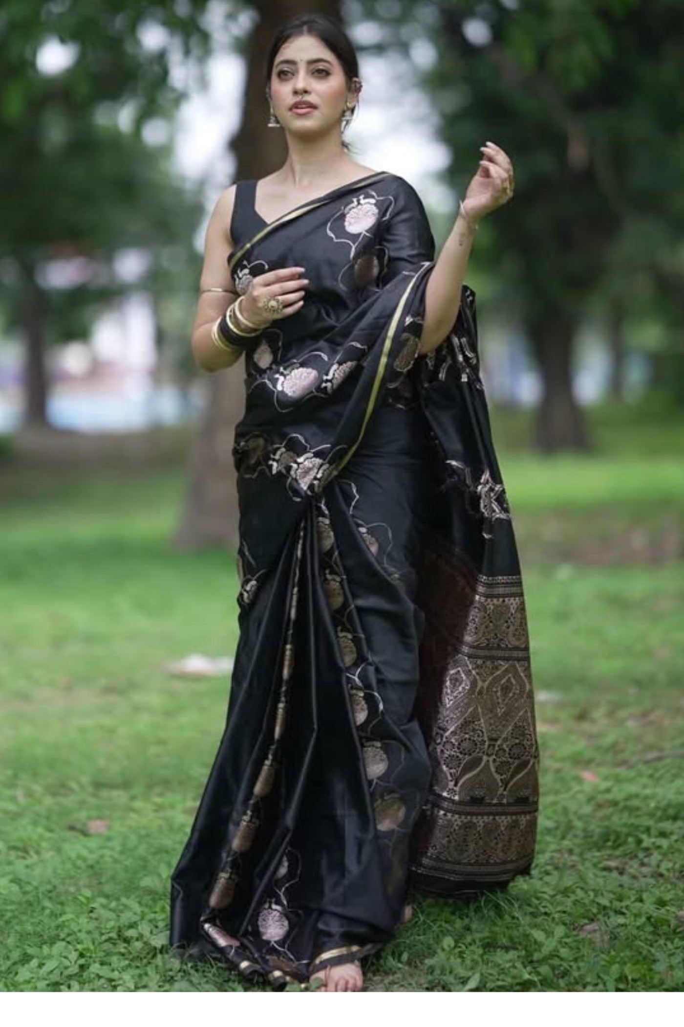 Buy MySilkLove Ink Black Handloom Satin Silk Saree Online