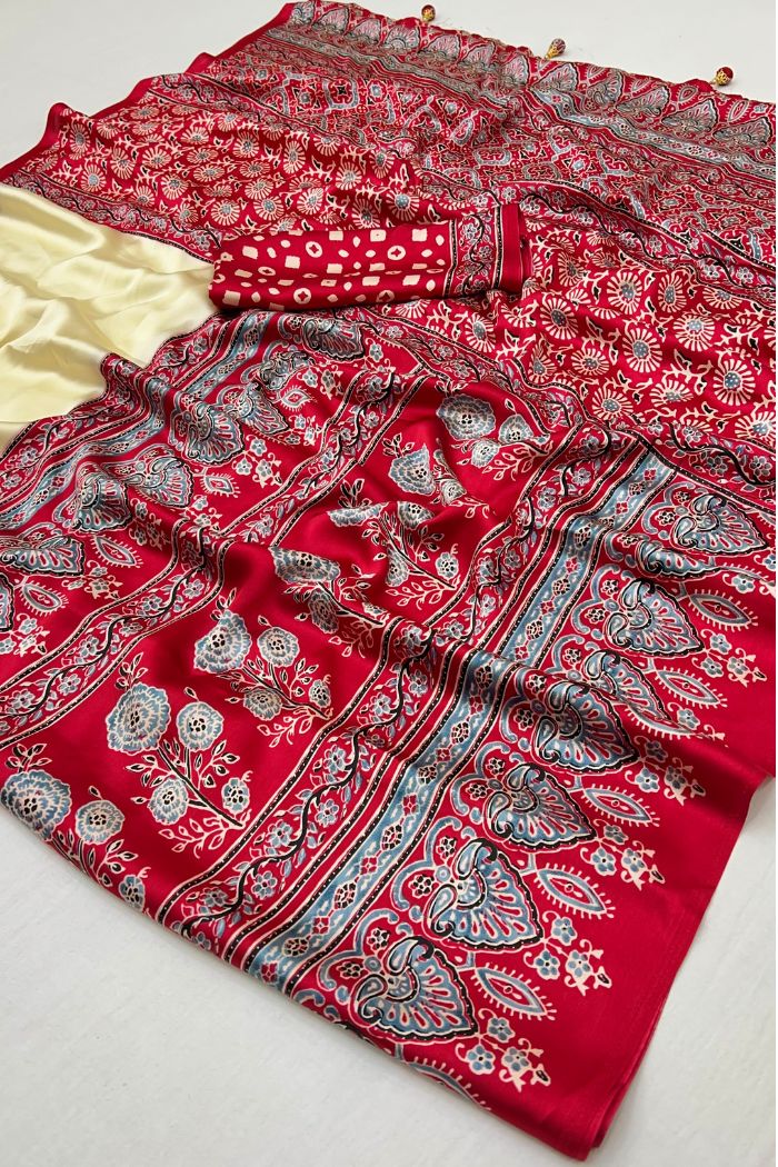Buy MySilkLove Dust Cream and Red Ajrakh Printed Satin Gaji Silk Saree Online