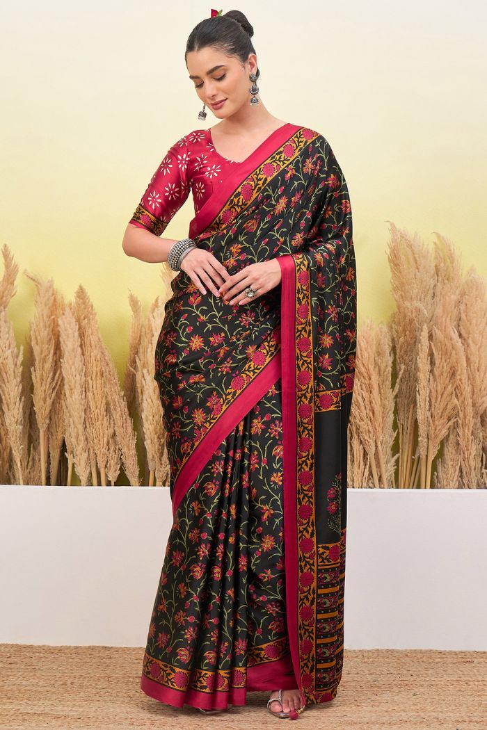 Buy MySilkLove Black Eel Modal Satin Printed Silk Saree Online