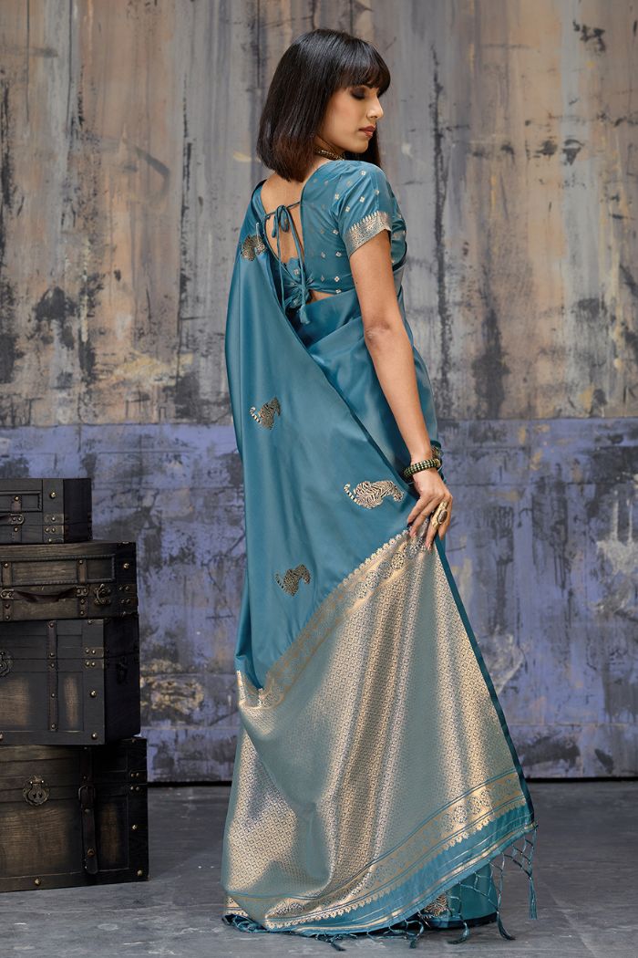 Buy MySilkLove Cyan Blue Handloom Satin Soft Silk Saree Online