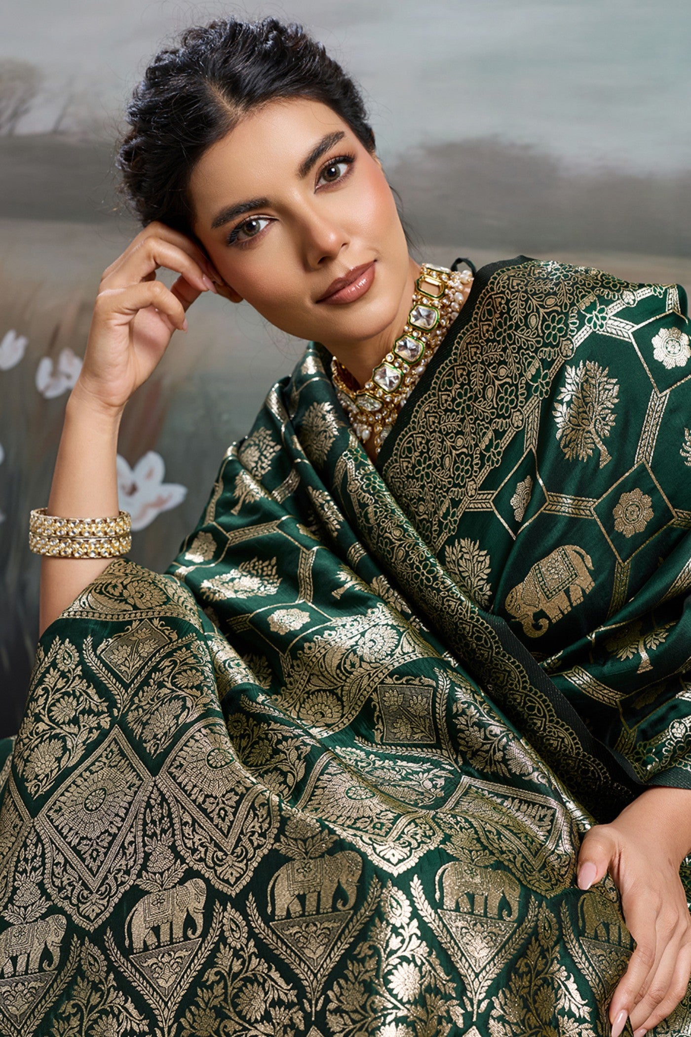 MySilkLove Bottle Green Woven Banarasi Soft Silk Saree