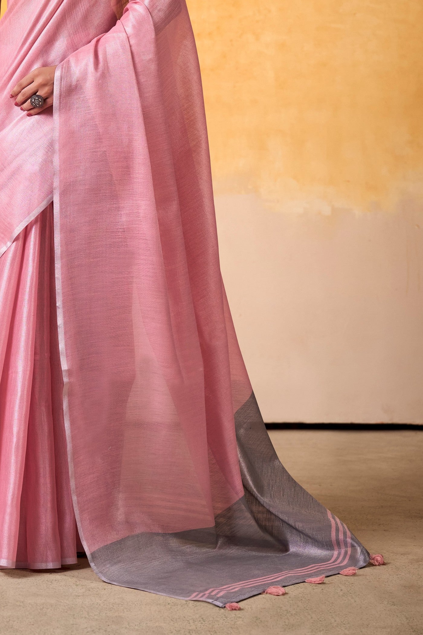 Buy MySilkLove Coral Pink and Grey Woven Tissue Silk Saree Online