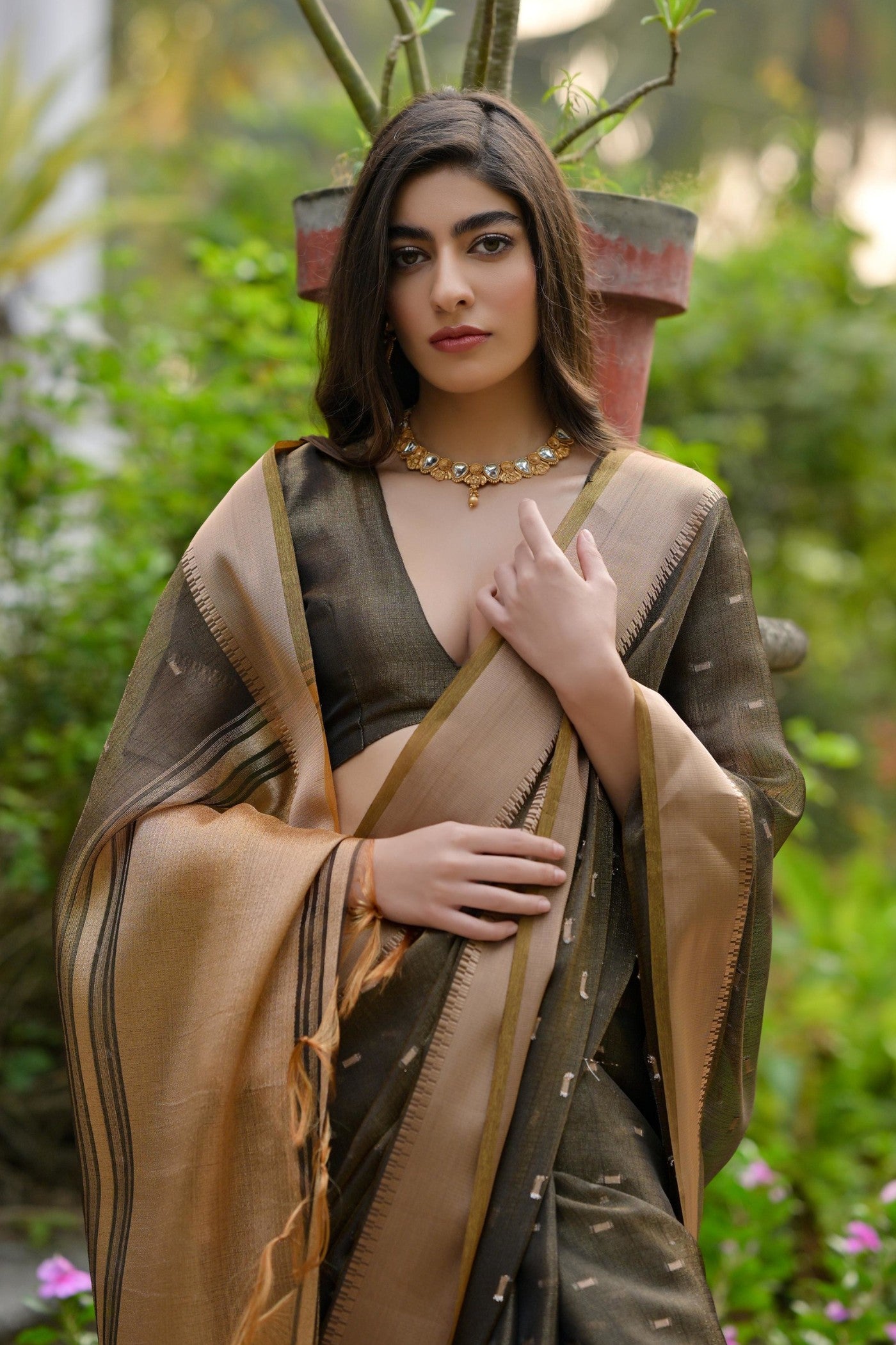 Buy MySilkLove Moss Brown Woven Banarasi Saree Online