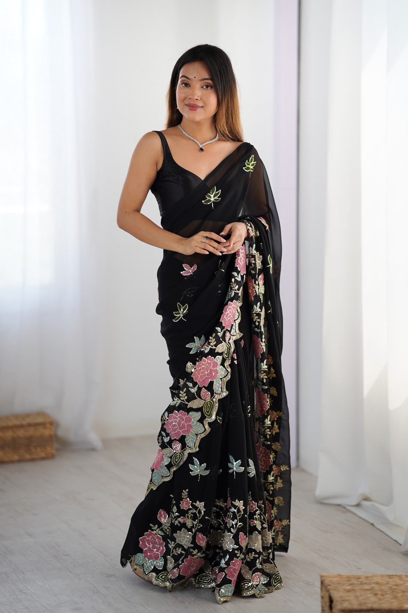 Buy MySilkLove Licorice Black Georgette Partwaer Saree Online