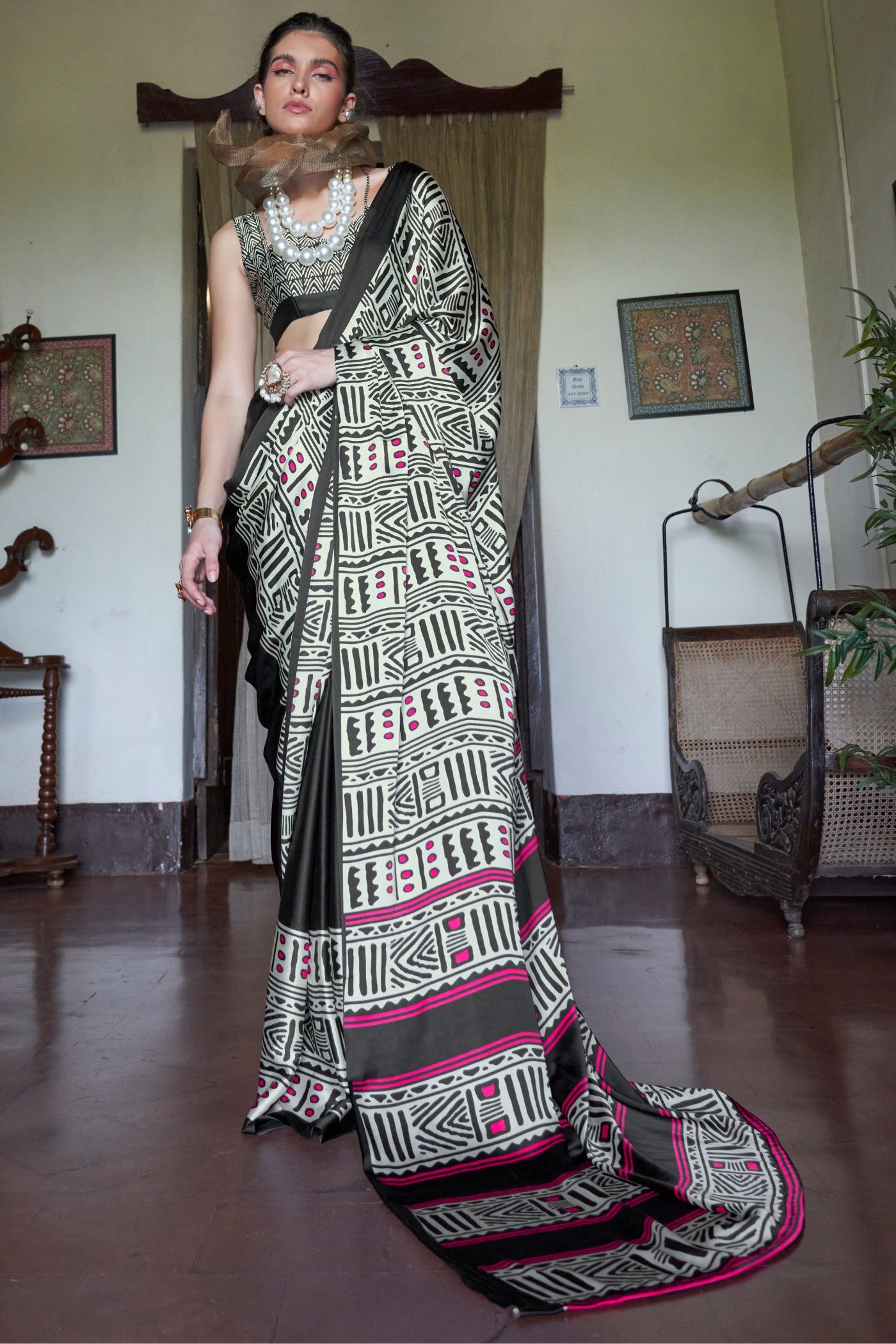Buy MySilkLove Gunmetal Black and White Printed Satin Crepe Silk Saree Online