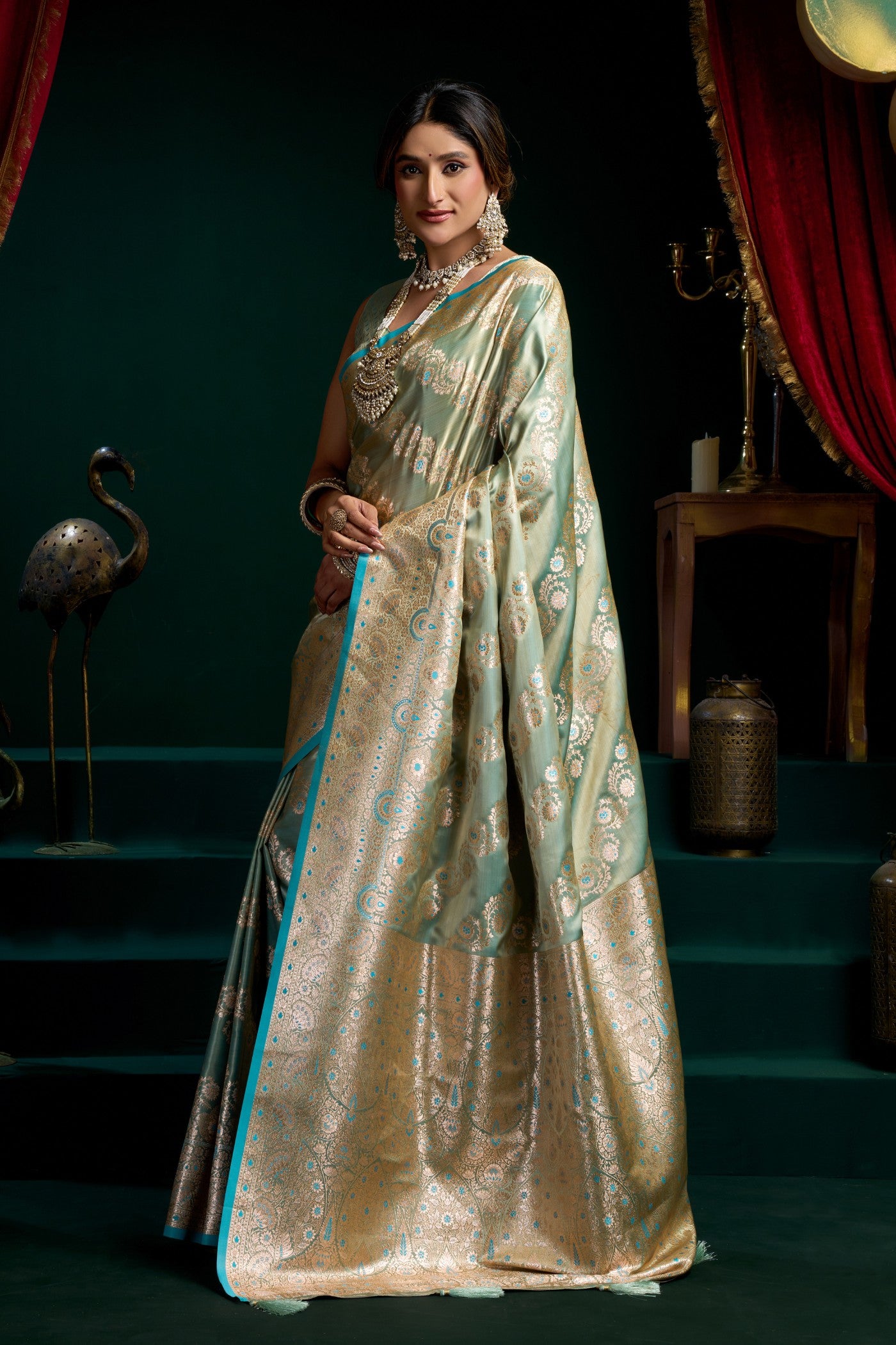 Buy MySilkLove Tiffany Blue Banarasi Handloom Satin Soft Silk Sare Online