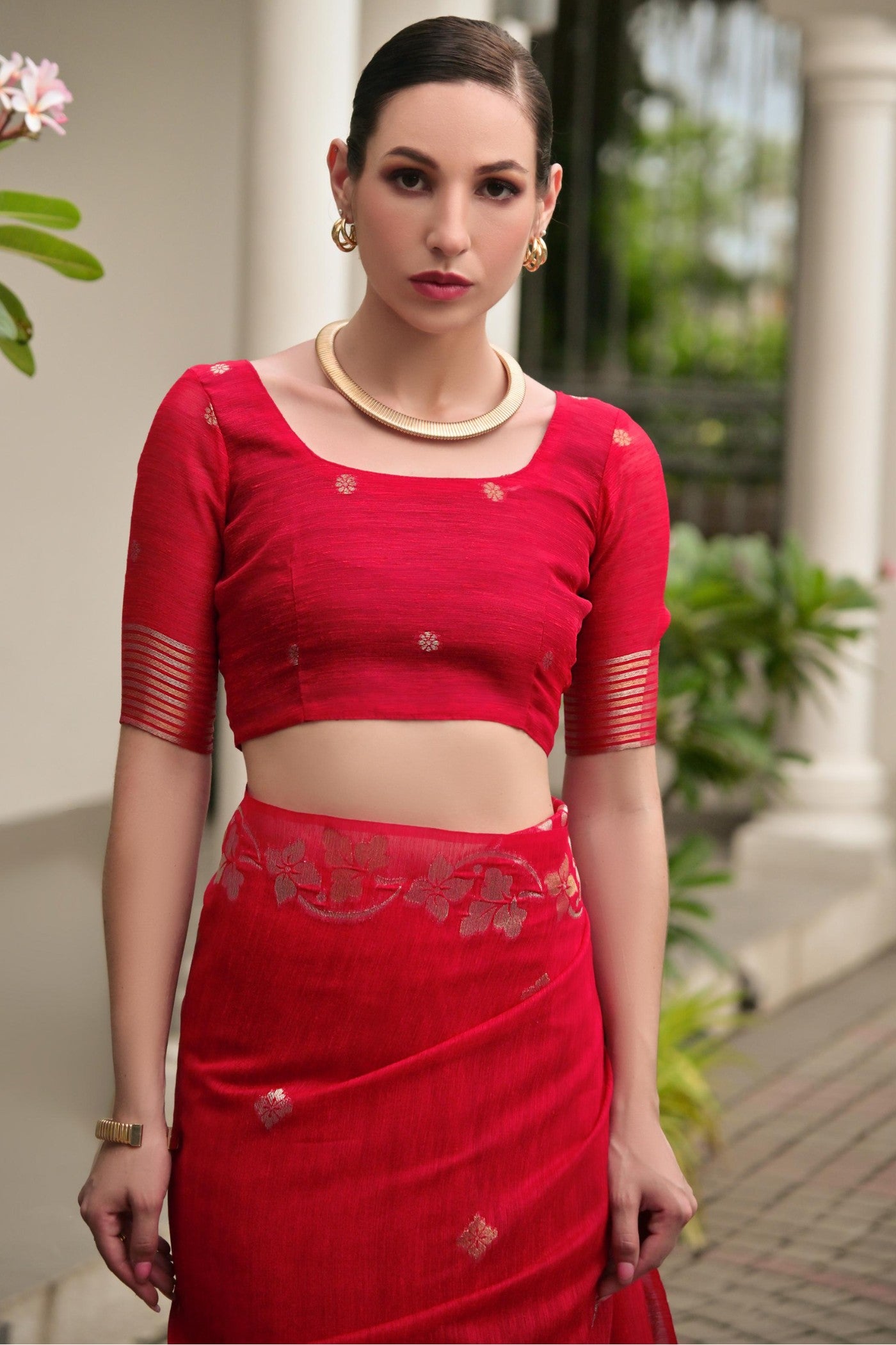 Buy MySilkLove Wine Red Floral Linen Silk Saree Online