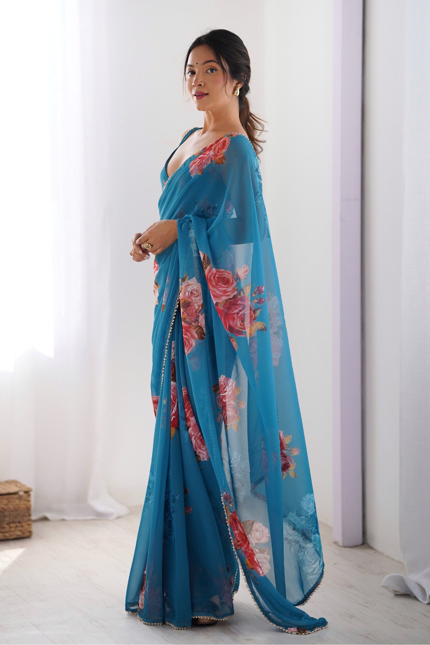 Buy MySilkLove Lobelia Blue Printed Georgette Saree Online