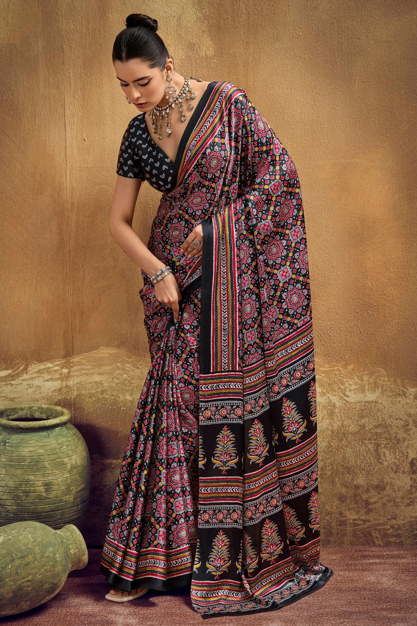 Buy MySilkLove Mysterious Black Modal Ajrakh Satin Printed Silk Saree Online