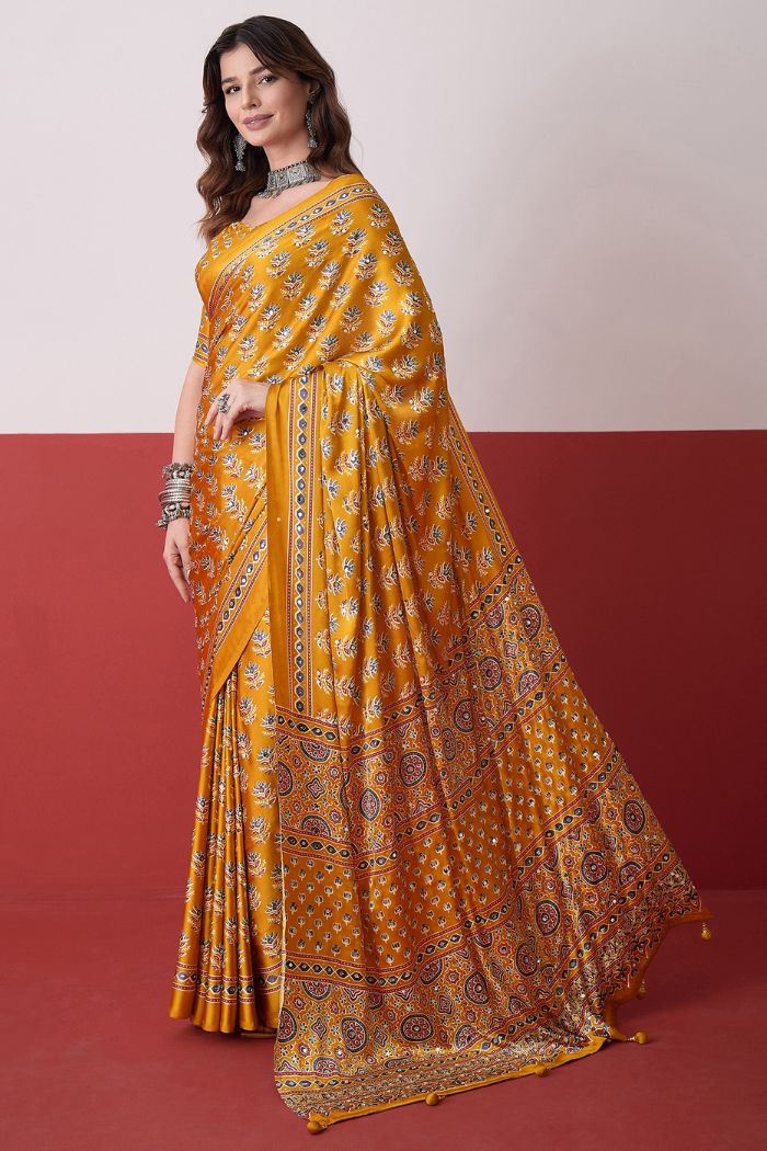 Buy MySilkLove Marigold Yellow Modal Ajrakh Satin Printed Mirror Work Saree Online