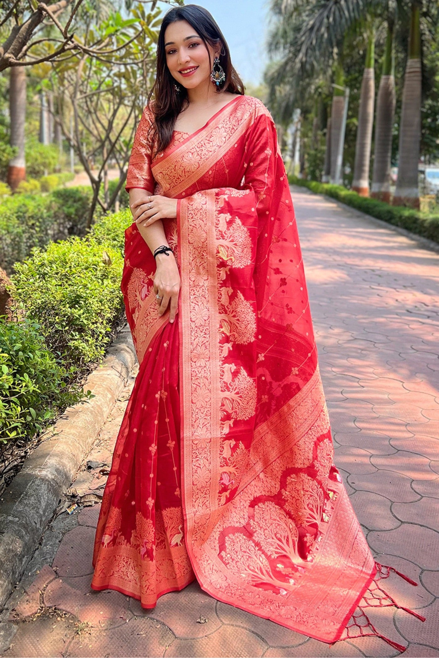 Buy Rose Red Zari Woven Organza Saree Online MySilkLove