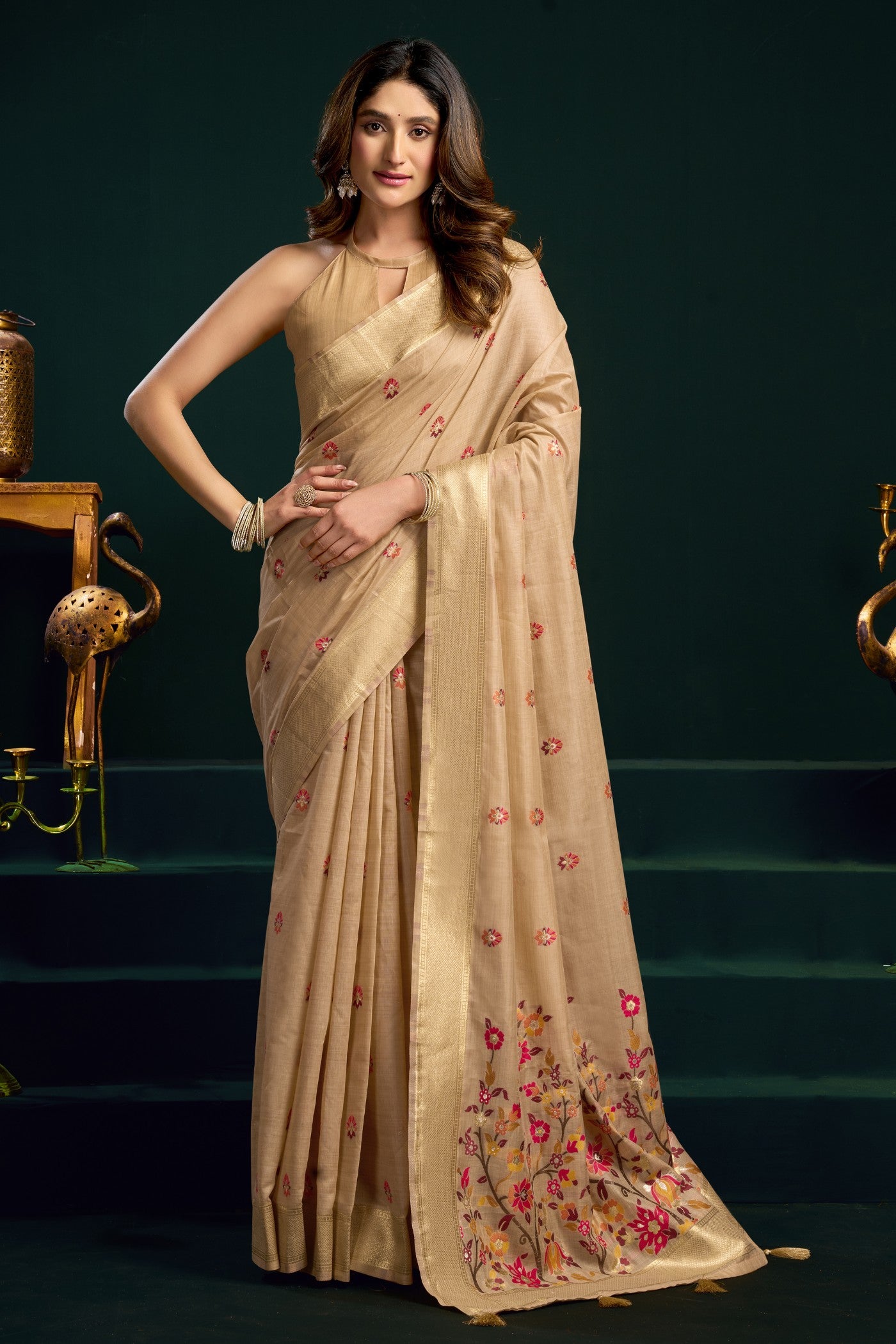 Buy MySilkLove Soft Cream Handloom Muga Cotton Saree Online