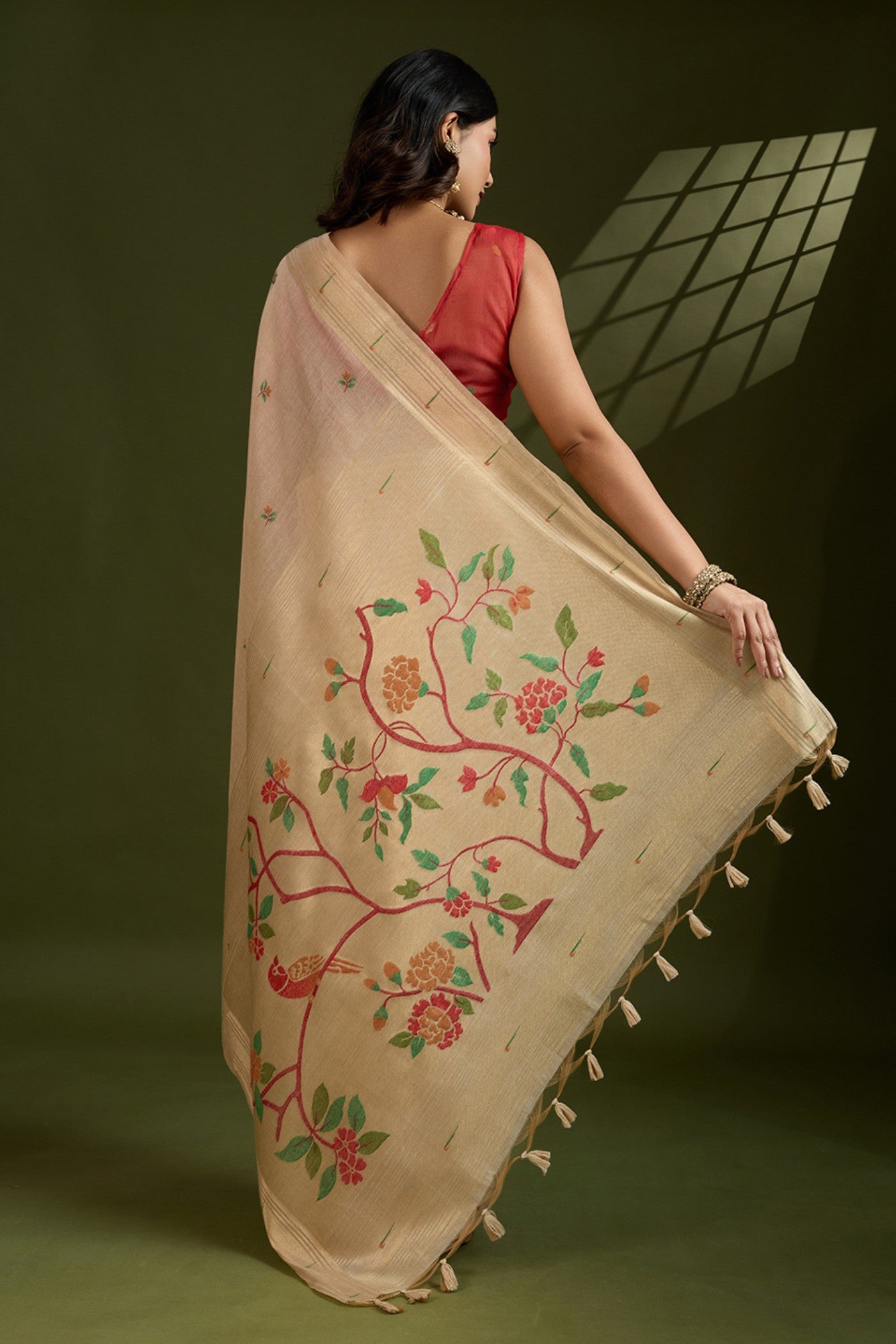 Buy MySilkLove Autumn Cream Woven Muga Cotton Paithani Saree Online